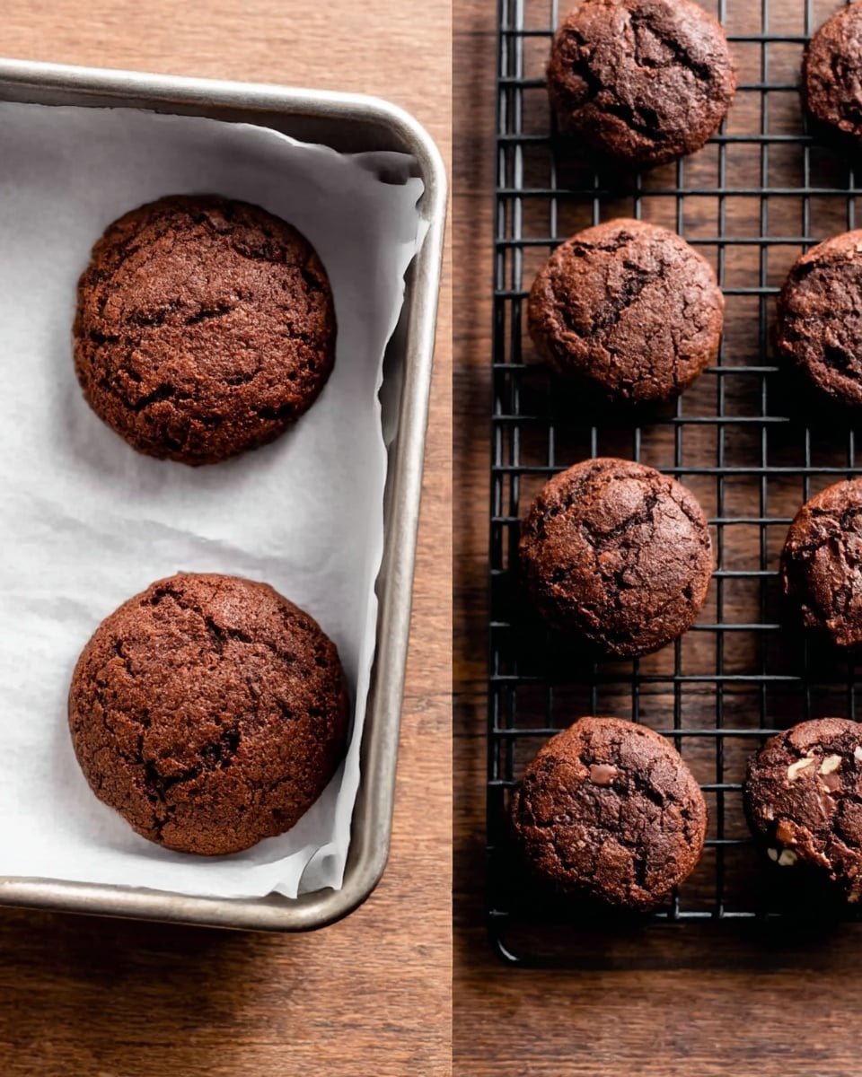 The image shows two views of soft chocolate cookies. On the left side, one cookie sits on white baking paper inside a metal pan; the cookie is thick, round, dark brown with a rough and slightly cracked texture on top. On the right side, multiple similar cookies are placed on a black cooling rack over a wooden surface, all round with the same dark brown cracked texture and some visible lighter spots embedded in the dough. The overall look is rich and dense with a homemade feel. Photo taken with an iphone --ar 4:5 --v 7