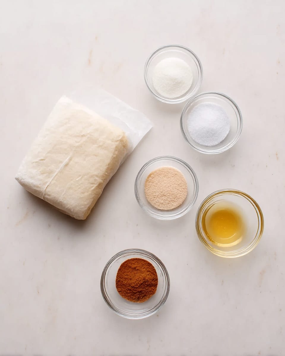 A white marbled surface with a block of light beige dough wrapped loosely in white paper on the left side, and five small clear glass bowls arranged to the right in two rows: the top row has two bowls filled with white granulated sugar of slightly different shades, and the bottom row has three bowls containing a light brown powder, a reddish brown powder, and a yellow liquid, respectively. The overall scene is simple and clean, with soft natural light. photo taken with an iphone --ar 4:5 --v 7