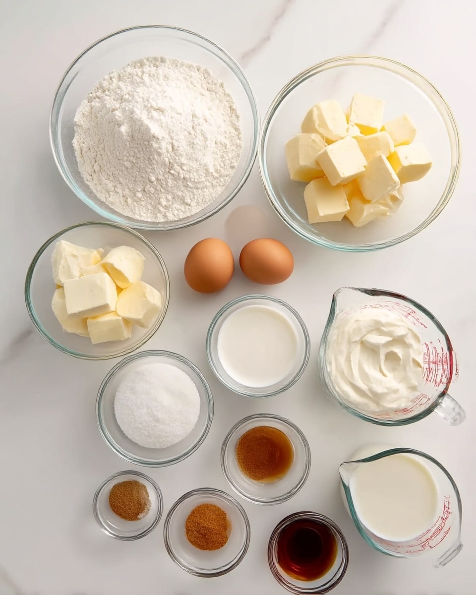 A white marbled surface displays several clear glass bowls and a measuring cup arranged neatly. There is a large bowl with white flour, another bowl with cubed pale yellow butter, and a bowl of three brown eggs. Nearby, a smaller bowl holds white granulated sugar, and another has white sour cream with a smooth texture. A glass measuring cup contains liquid milk, and next to it, a smaller measuring cup holds clear water. Three small glass bowls hold light brown ground spices and dark amber liquid vanilla extract. The ingredients are spread in an organized way, each clearly visible and separated. photo taken with an iphone --ar 4:5 --v 7