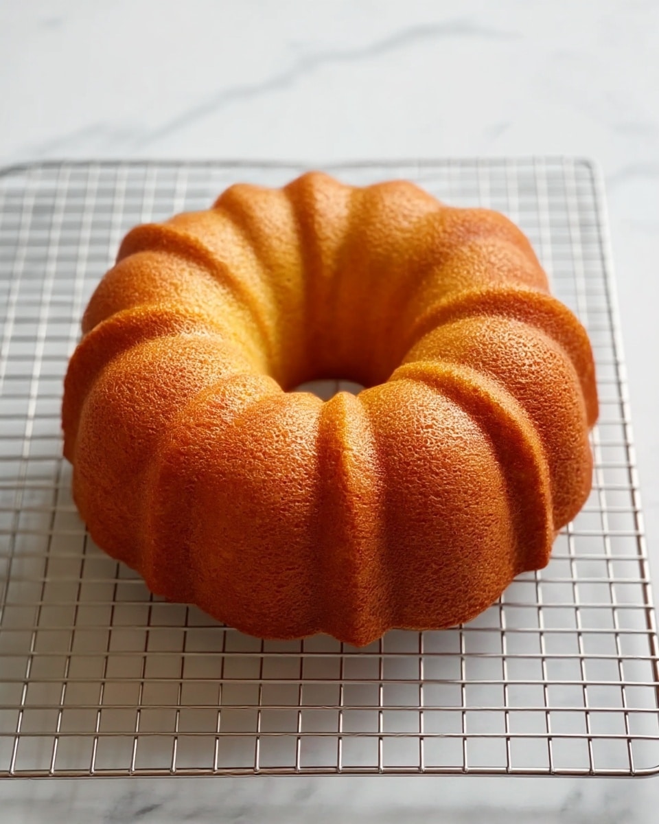 A single bundt cake with a golden-brown crust sits on a silver cooling rack that has a grid pattern. The background is a white marbled surface, providing a clean and bright contrast to the cake. The bundt cake has a smooth texture with ridges running evenly from the outer edge to the center hole, showing its classic ring shape. The lighting highlights the warm color and slight crispiness of the cake's surface. photo taken with an iphone --ar 4:5 --v 7