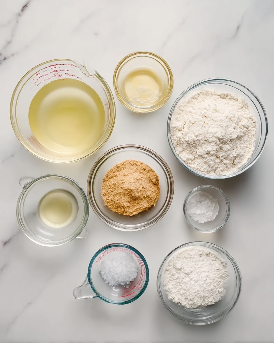 The image shows seven clear glass bowls and measuring cups arranged on a white marbled surface. The largest bowl on the left holds a pale yellow liquid. Next to it, a smaller bowl contains a white powder, and near the center is a bowl filled with light brown powder. Above that, a small bowl holds a light yellow liquid. To the right, a large bowl is filled with white flour. A smaller bowl between the flour and the yellow liquid bowl contains a white crystalline substance, and a very small bowl in front of the flour bowl has a small amount of white powder. The setup looks neat and ready for baking photo taken with an iphone --ar 4:5 --v 7