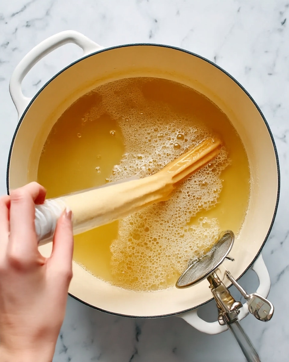 A close-up view from above shows a woman's hand holding a clear piping bag filled with beige batter, pushing it into hot golden oil inside a large white pot with light brown interior. Two long light-colored fried strips float in the oil, surrounded by bubbles, with a small metal skimmer clipped to the edge of the pot. The pot sits on a white marbled surface photo taken with an iphone --ar 4:5 --v 7