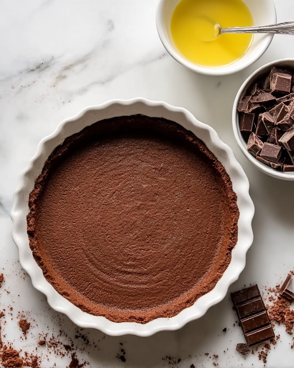 The image shows a white round pie dish filled with a dark brown chocolate crust that has a smooth surface and slightly crumbly texture, evenly pressed along the dish's bottom and sides with scalloped edges. To the right of the dish, there is a white bowl filled with small chunks of milk and dark chocolate, while to the upper left, there is a small white bowl with yellow liquid and a silver spoon resting inside. The items are placed on a white marbled surface with some scattered chocolate crumbs around the bowl. Photo taken with an iphone --ar 4:5 --v 7
