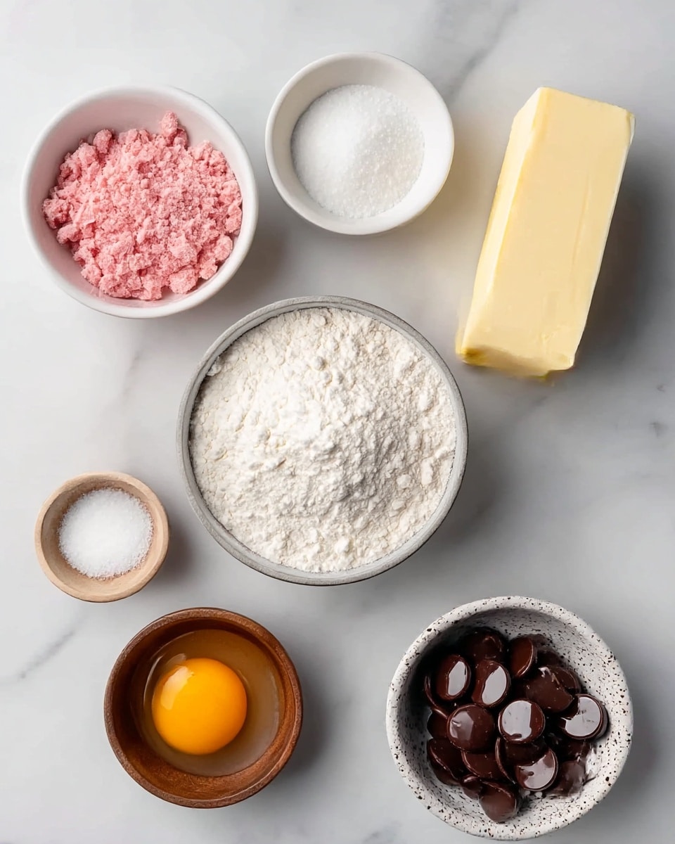 The image shows seven small white bowls and a small wooden bowl arranged on a white marbled surface. The largest bowl in the middle contains white flour with a soft, powdery texture. To the top left, there is a bowl filled with small, pink crumbly pieces. Next to it, a smaller bowl holds fine white granulated sugar. To the right of the sugar, a pale yellow block of butter with smooth edges is placed directly on the marble surface. Below the butter, a small brown wooden bowl contains a fine white powder, likely salt. At the bottom left, a bowl contains one raw egg with a bright yellow yolk and clear egg white. Finally, to the bottom right, a speckled white bowl is filled with shiny chocolate pieces shaped like small drops. Photo taken with an iphone --ar 4:5 --v 7