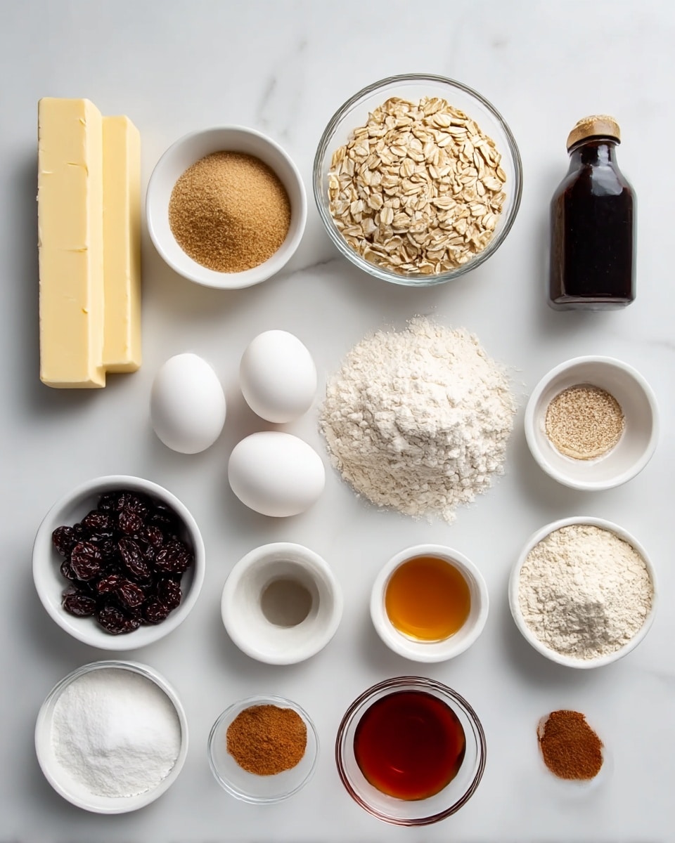 The image shows 15 baking ingredients neatly arranged on a white marbled surface in a grid shape. In the top row from left to right, there are three thick butter sticks with a smooth pale yellow color, a small white bowl filled with light brown sugar, a clear glass bowl full of white granulated sugar, a small white bowl heaped with beige rolled oats, and a dark glass bottle. The second row includes a white bowl filled with granulated white sugar, two white eggs placed side by side, a mound of white all-purpose flour with a small hollow in the center, a small white bowl filled with dark raisins, and a small white bowl with amber-colored vanilla extract. The bottom row has a smaller white bowl of white flour, a tiny clear glass dish of reddish-brown vanilla extract, another small clear dish with brown cinnamon powder, a small clear bowl with white salt, and another small white bowl with reddish-brown ground spice. Everything is placed precisely and evenly spaced in straight lines. Photo taken with an iphone --ar 4:5 --v 7