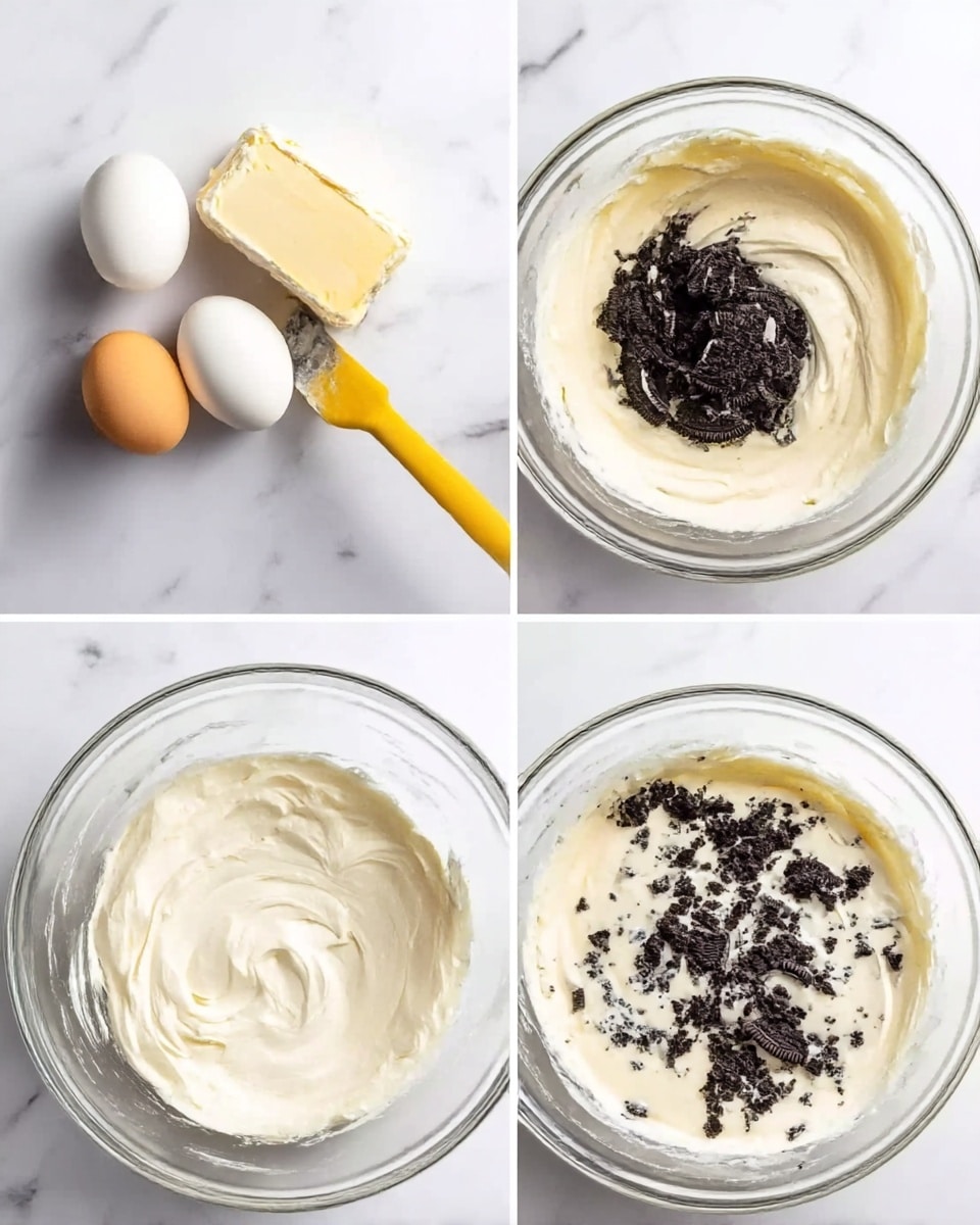 The image shows a step-by-step process of making a creamy dessert mixture in a clear glass bowl on a white marbled surface. In the first frame, there are two whole eggs, a large block of white cream cheese, and some sugar inside the bowl. The second frame displays the mixture whipped into a smooth, thick white cream with a soft texture. The third frame adds a pile of crushed dark chocolate cookies on one side of the creamy mixture. In the fourth frame, the mixture is fully stirred, creating a creamy blend with small black cookie bits dotted evenly throughout the white base. Photo taken with an iphone --ar 4:5 --v 7