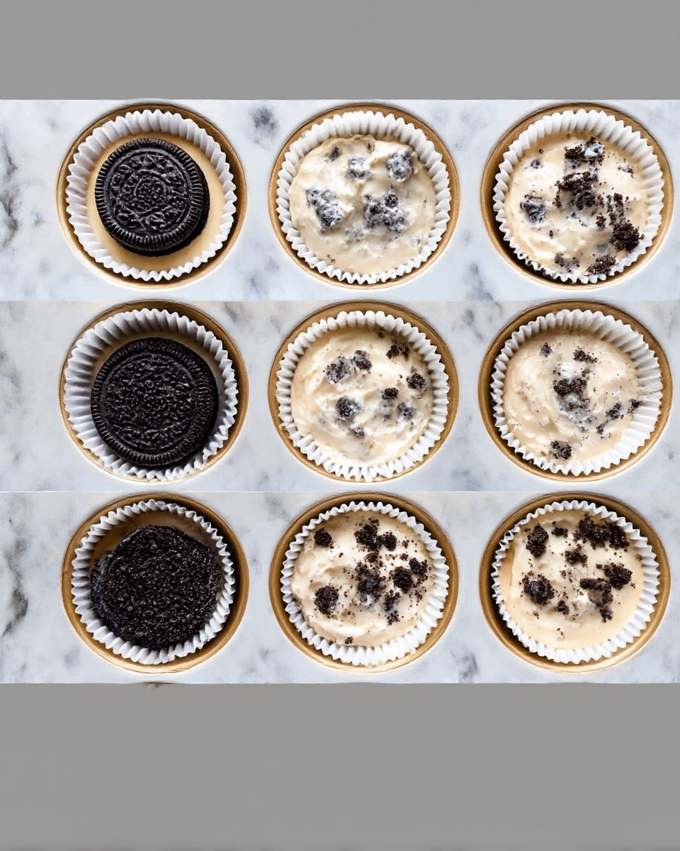 The image shows three stages of making mini cheesecake cups in a tray with white paper liners inside each section. In the first stage, a dark round cookie sits flat at the bottom of each liner, with visible textures and patterns on the cookie surface. In the second stage, a creamy off-white mixture with small dark cookie bits is spooned on top of each cookie base, filling the liners about halfway with a smooth, slightly rough texture. In the last stage, the creamy mixture is evened out across all liners, with additional crumbled dark cookie pieces sprinkled on top, providing a contrast in color and texture. All of this is set on a white marbled surface. photo taken with an iphone --ar 4:5 --v 7