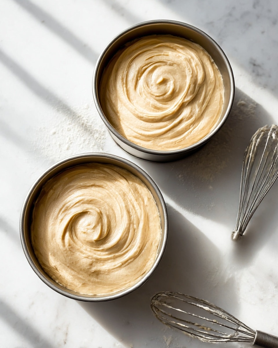 Two round cake pans filled with smooth, swirled light beige batter take up most of the image, each showing a thick, creamy texture spiraled neatly in the pan. They sit on a white marbled surface dusted lightly with flour, with a silver whisk, coated a little with the same batter, placed diagonally beside the lower pan. Soft shadow grid patterns from a nearby window fall on the scene, giving a warm and natural light effect. Photo taken with an iphone --ar 4:5 --v 7