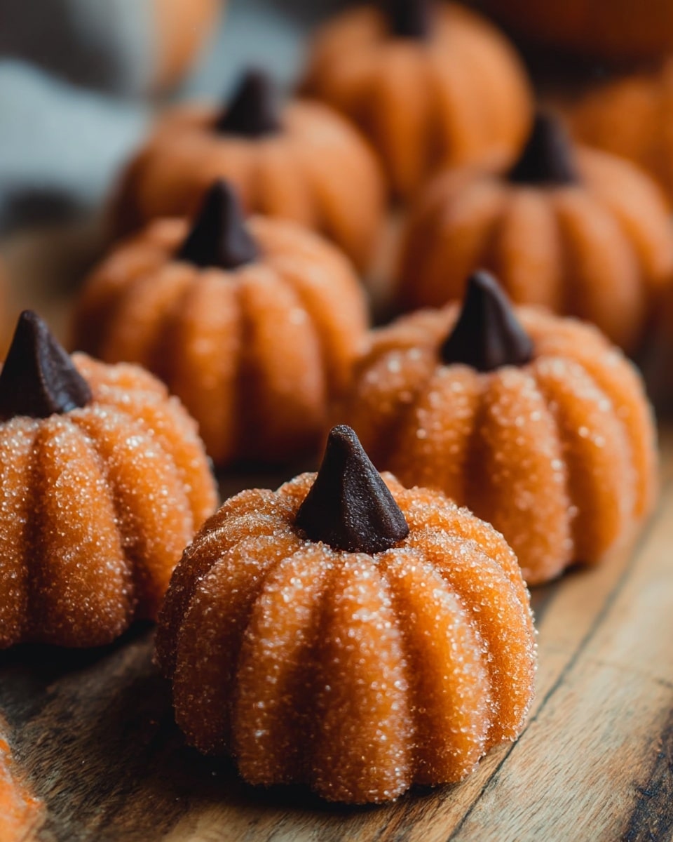 The image shows several small pumpkin-shaped treats with a rough orange texture covered in sugar crystals, giving them a sparkling look. Each pumpkin has deep vertical lines creating sections, and a dark brown pointed tip on top to resemble the stem. The pumpkins are arranged closely in rows on a wooden surface with visible grain, and the background is softly blurred to keep focus on the front pumpkins. The overall colors are warm orange and dark brown with a natural, rustic feeling. photo taken with an iphone --ar 4:5 --v 7