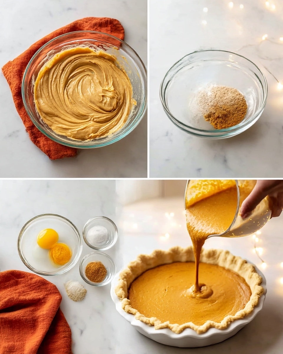 The image shows four stages of making a pie on a white marbled surface. The first stage is a clear glass bowl with smooth light brown pumpkin batter swirled on top, next to an orange cloth. The second stage shows a clear glass bowl with three egg yolks, brown sugar, spices, salt, and a dollop of orange pumpkin, all unmixed, beside the same orange cloth. The third stage shows a woman's hand pouring the mixed orange-brown batter from the clear glass bowl into a white pie dish with a dough crust edge. The last stage shows the white pie dish filled with the batter and covered with a pie crust on the edge, all with soft warm lighting and fairy lights around. Photo taken with an iphone --ar 4:5 --v 7