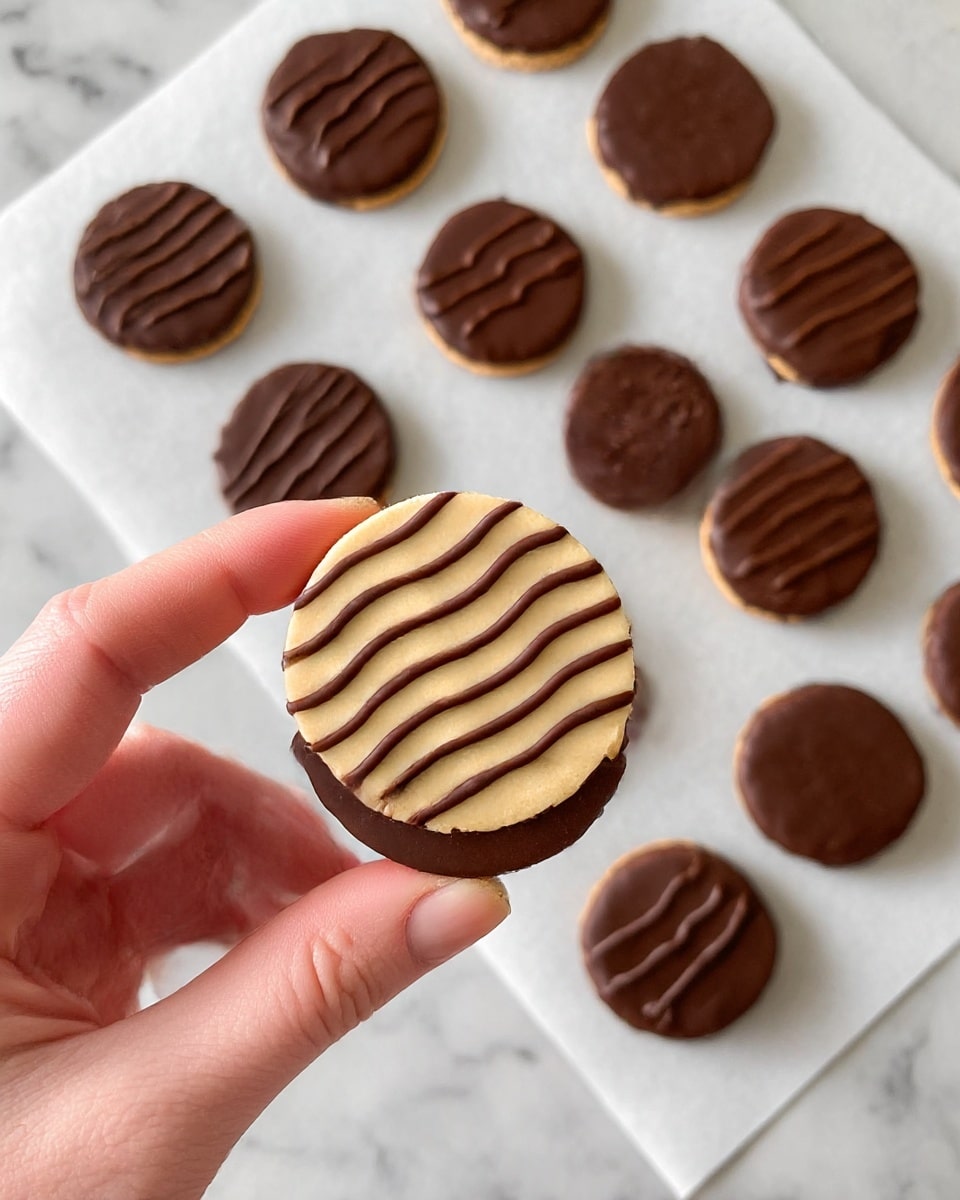 A woman's hand is holding a round cookie with a wavy, light beige top layer that has thin, dark brown diagonal stripes. The bottom of the cookie is fully covered in smooth chocolate. In the background, there is a white plate with a grid of similar chocolate-covered cookies arranged neatly in rows on a white marbled surface photo taken with an iphone --ar 4:5 --v 7