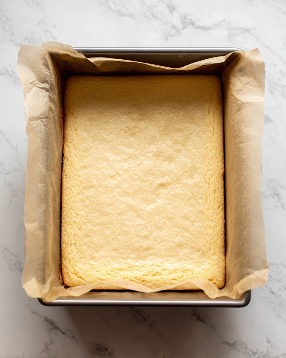A rectangular metal baking tray lined with parchment paper holds a single layer of light golden yellow cake batter spread evenly to fill the tray. The surface of the batter is smooth with a few small textured bumps, its edges touching the parchment paper that peeks out slightly at the corners. The close-up shows the batter’s soft and slightly porous texture filling the tray’s dark rim. The tray sits on a white marbled surface. photo taken with an iphone --ar 4:5 --v 7