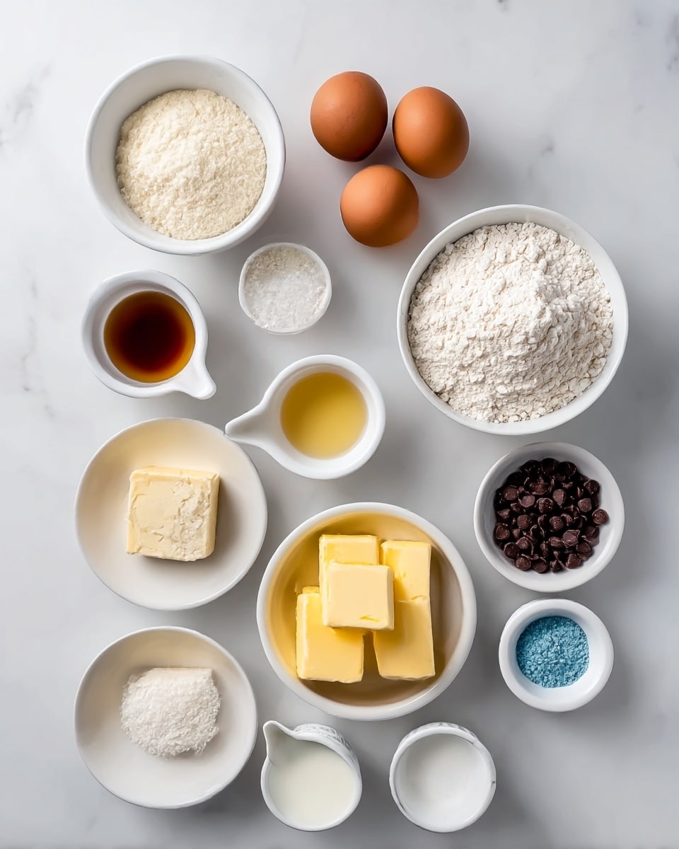 A flat lay image shows eleven white bowls and small plates arranged on a white marbled surface. There are two brown eggs in the center of the image. Surrounding them, clockwise, is a white bowl filled with flour, a small white dish with a golden liquid, a small white bowl of powdered sugar, a small white cup with a light yellow liquid, a small white bowl with two thick yellow slices of butter, a small white bowl with white granulated sugar, a small white bowl of chocolate chips, a small white dish containing vanilla extract, a tiny white dish holding a small amount of blue powder, and a larger white bowl of milk. The bowls and ingredients are neatly placed with space between them. photo taken with an iphone --ar 4:5 --v 7