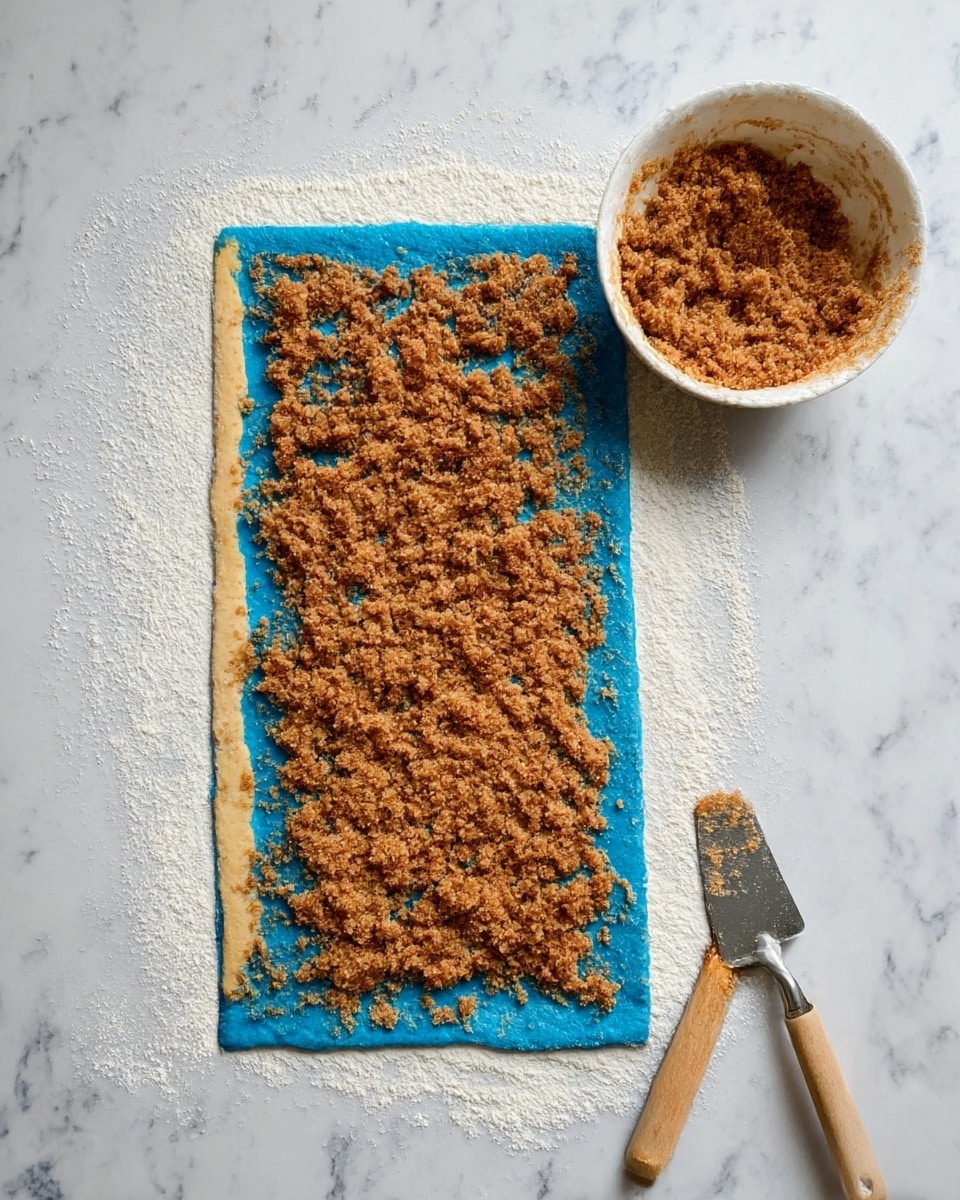 A bright blue dough layer rolled out flat on a white marbled surface dusted with white flour pads, topped fully with a crumbly textured brown sugar mixture spread evenly across the dough. Next to it on the right is a white bowl with some brown sugar mixture inside and a metal spatula with a wooden handle lying beside it, resting on the marbled surface. The dough is roughly rectangular with slightly rounded edges, and the brown sugar topping has a loose and grainy texture, covering the surface but still showing bits of the blue dough underneath. Photo taken with an iphone --ar 4:5 --v 7