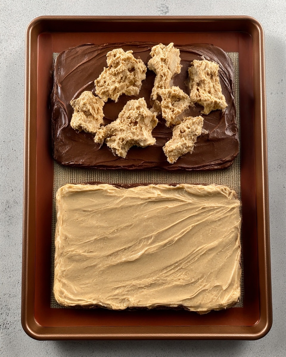 The image shows two stages of a layered dessert on a baking tray lined with a brown silicone baking mat. In the first stage, there is a thick layer of smooth, dark brown chocolate spread flat on the mat, topped with several dollops of a light tan, rough-textured creamy layer placed unevenly on top. In the second stage, the light tan layer is spread evenly in a thin, smooth sheet covering the entire chocolate layer, creating a two-layer rectangular shape with a rich, creamy top contrasting with the dark chocolate base. Photo taken with an iphone --ar 4:5 --v 7