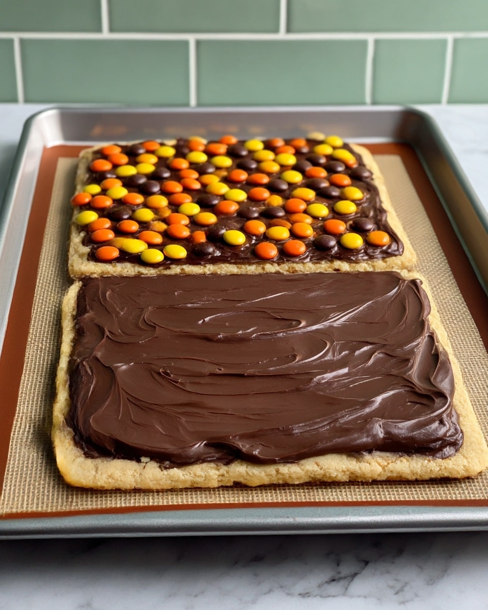 A rectangular crispy base layer in light golden brown lays flat on a baking tray lined with a textured mat. On top of this base, there is a thick, smooth layer of shiny dark chocolate spread evenly but with visible swirls adding texture. Above the chocolate layer, bright round candy pieces in orange, yellow, and dark brown are scattered lightly, adding vibrant color and small rounded texture contrast. The whole setup sits on a white marbled surface with a soft green brick wall background. photo taken with an iphone --ar 4:5 --v 7