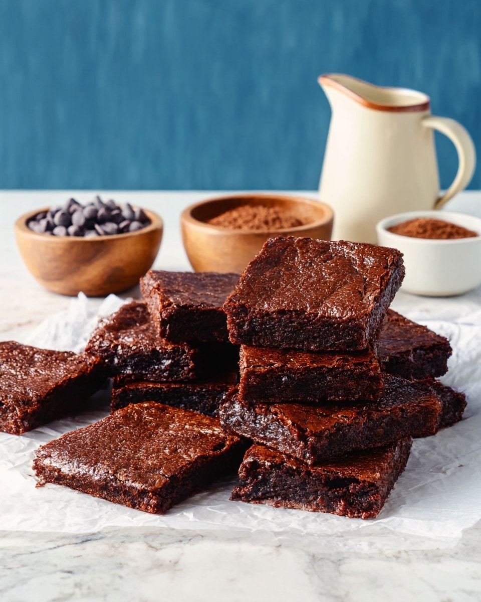 The image shows a stack of nine thick, dark brown brownies with a slightly shiny and textured surface, arranged in two layers on a piece of white parchment paper. The brownies appear soft and fudgy with some cracks on top, and the edges look firm. Behind the brownies are two small wooden bowls filled with chocolate chips and another brown ingredient, along with a small cream-colored pitcher with a brown rim. The background is a white marbled texture surface with a blue wall in the back. Photo taken with an iphone --ar 4:5 --v 7
