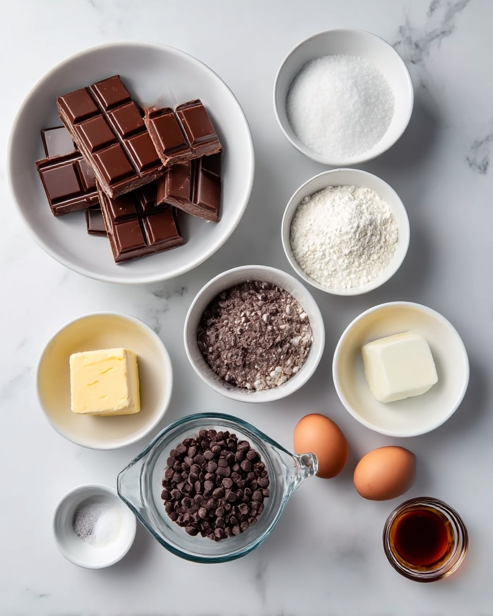 The image shows nine white bowls and a clear glass measuring cup arranged on a white marbled surface, each containing different baking ingredients. Starting with a large bowl at the top left, filled with several broken milk chocolate bars, below it is a smaller bowl with granulated white sugar. To the right of the sugar bowl is a white bowl with fine white powder, most likely powdered sugar or flour. Next to the powdered sugar is a small white bowl with a cube of yellow butter. Below the butter bowl is a larger white bowl filled with chocolate chips, dark brown in color. Under the chocolate chips bowl is a clear glass measuring cup holding thick cream. To the bottom left of the cream is another small white bowl holding two brown eggs. Above the eggs is a tiny white bowl with a single grain of salt and next to that is a small clear glass bowl with a dark amber liquid, probably vanilla extract. All the bowls are neat and clean, placed in a balanced and organized layout. Photo taken with an iphone --ar 4:5 --v 7