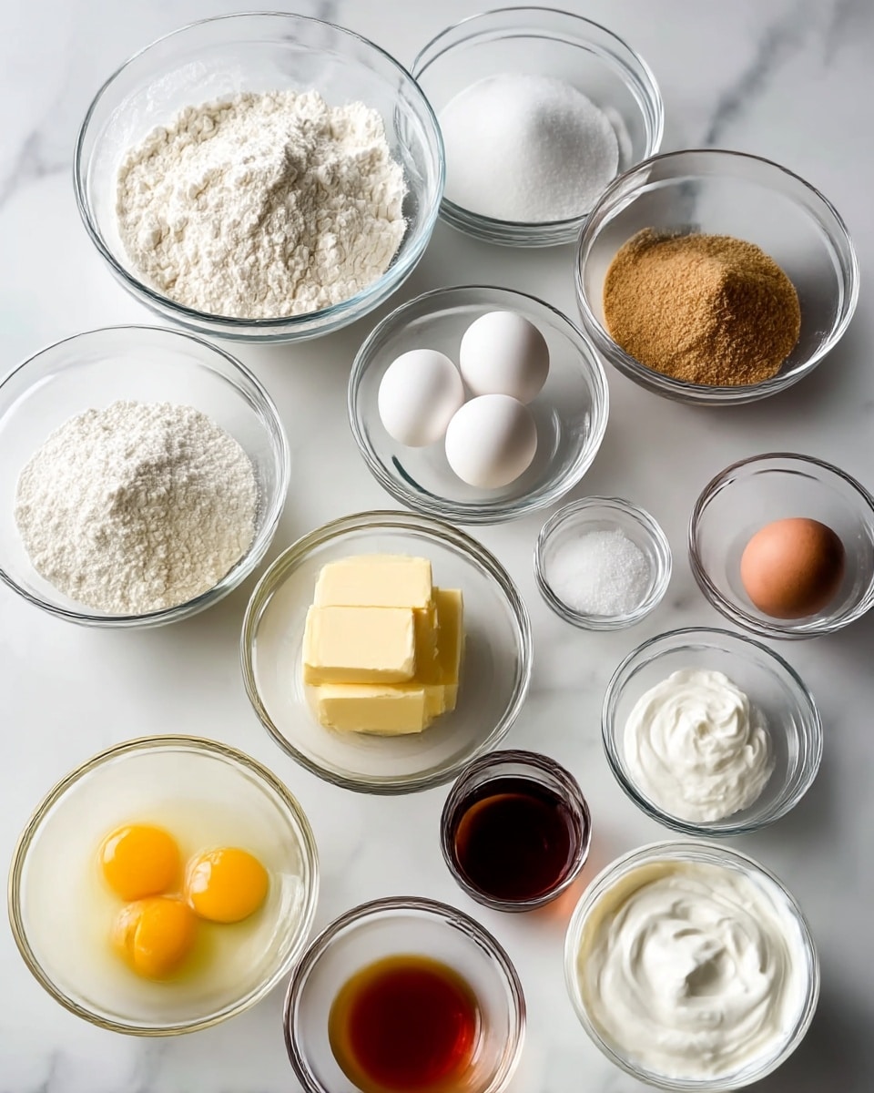 The image shows twelve clear glass bowls arranged on a white marbled surface with baking ingredients inside. The large bowl in the top left holds white flour, and next to it is a similar bowl filled with white sugar. Below these, a medium-sized bowl has two white eggs. To the right, a smaller bowl contains brown sugar. Another small bowl has white granulated sugar close by. A medium bowl with two square pieces of pale yellow butter is near the center. A bowl to the right holds a single brown egg. Below the butter, a small bowl has a dark amber liquid, likely vanilla extract. Near the bottom right, there is a larger container filled with white cream. Surrounding these are more small bowls holding white sour cream or yogurt, a clear light yellow liquid, and two eggs cracked in a clear bowl with yellow yolks visible. All bowls are clear glass set against a clean white marbled background. Photo taken with an iphone --ar 4:5 --v 7