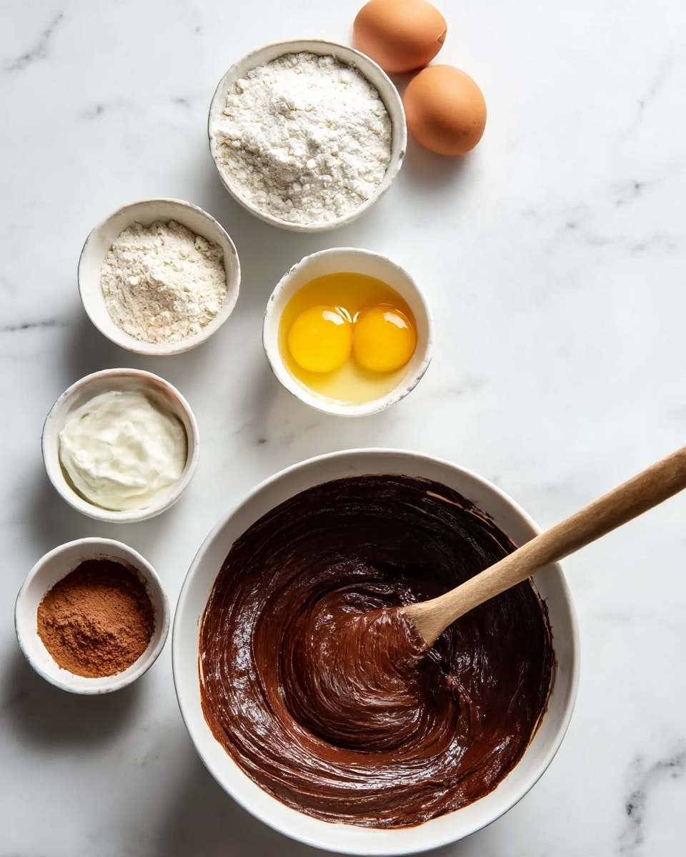 The image shows a white bowl with thick, smooth dark chocolate batter inside, with a wooden spoon partially mixed in. Around the bowl, there are five small white bowls arranged vertically on a white marbled surface. The top bowl contains white flour, followed by two brown eggs, a bowl with two egg yolks, a bowl of white creamy substance, and the last bowl at the bottom has a brown powder, likely cocoa. The white marbled surface provides a clean and bright background. photo taken with an iphone --ar 4:5 --v 7