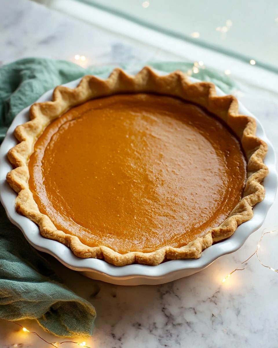 The image shows a pumpkin pie in a white pie dish with a wavy, crimped crust that is golden brown and slightly thick. The filling is smooth, glossy, and deep orange, filling the pie dish fully with a shallow, even layer. The pie sits on a white marbled surface, near a window with soft natural light coming through. A light green cloth is placed next to the pie dish, and warm, small fairy lights are spread loosely around it, adding a cozy atmosphere. Photo taken with an iphone --ar 4:5 --v 7