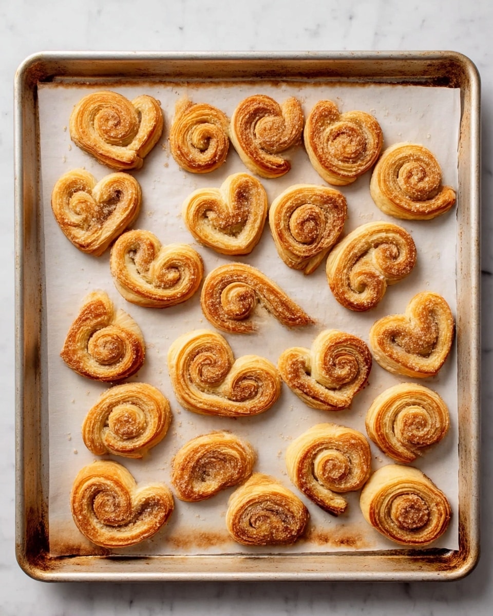 A baking tray filled with 21 light golden brown palmier pastries arranged in neat rows on parchment paper. Each pastry is shaped like a double spiral or heart with a sugar-dusted crispy texture. The tray is on a white marbled surface, revealing some browned spots on the edges of the tray. photo taken with an iphone --ar 4:5 --v 7