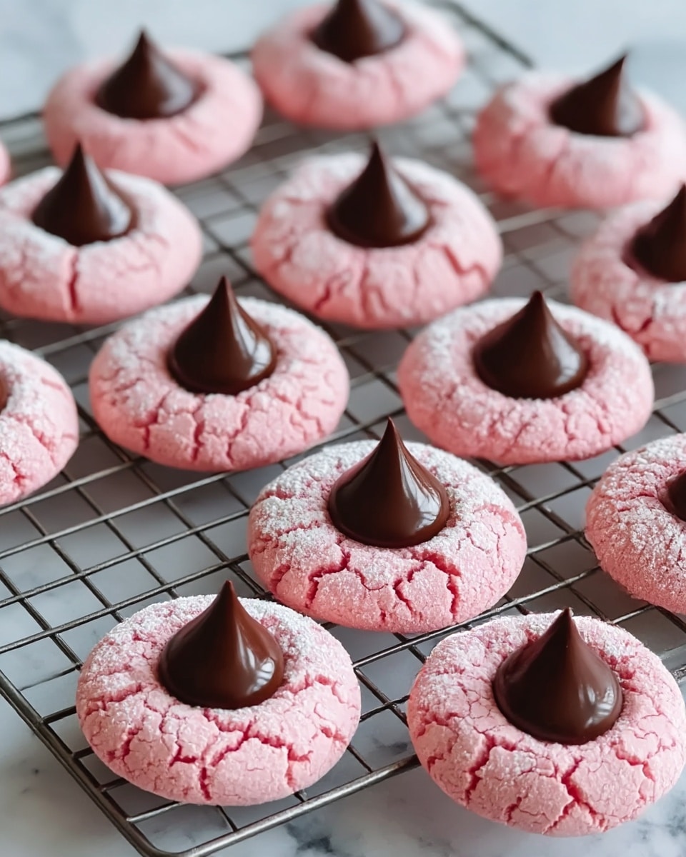 The image shows a rack holding fourteen round pink cookies arranged in neat rows. Each cookie has a cracked texture on the outer pink layer, dusted with white powdered sugar, and a single smooth, shiny, dark brown chocolate piece shaped like a pointed drop placed in the center. The cookies are set on a dark metal cooling rack above a white marbled surface. The focus is sharp on the cookies in the middle and front, showing clear details of the powder and cracks. Photo taken with an iphone --ar 4:5 --v 7