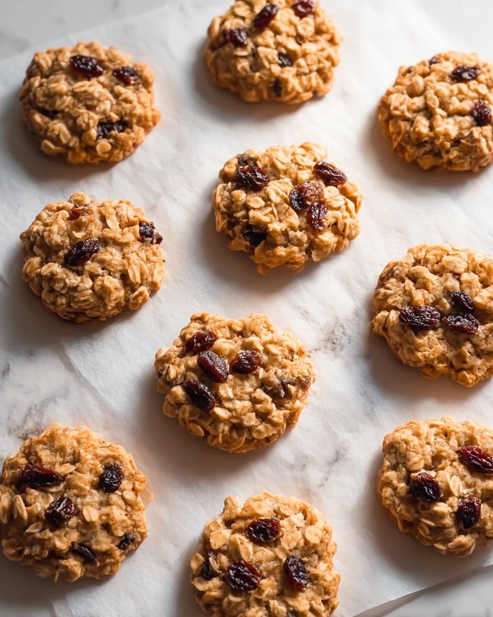 The image shows eleven round oatmeal raisin cookies placed on white parchment paper, arranged in loose rows on a surface with a white marbled texture. Each cookie has a rough and chunky texture, mainly light golden-brown in color with visible oats, and dark brown raisins scattered on top. The cookies look soft and slightly thick with uneven edges. Warm light shines softly from the upper left corner, casting gentle shadows across the cookies, enhancing their texture and depth. Photo taken with an iphone --ar 4:5 --v 7