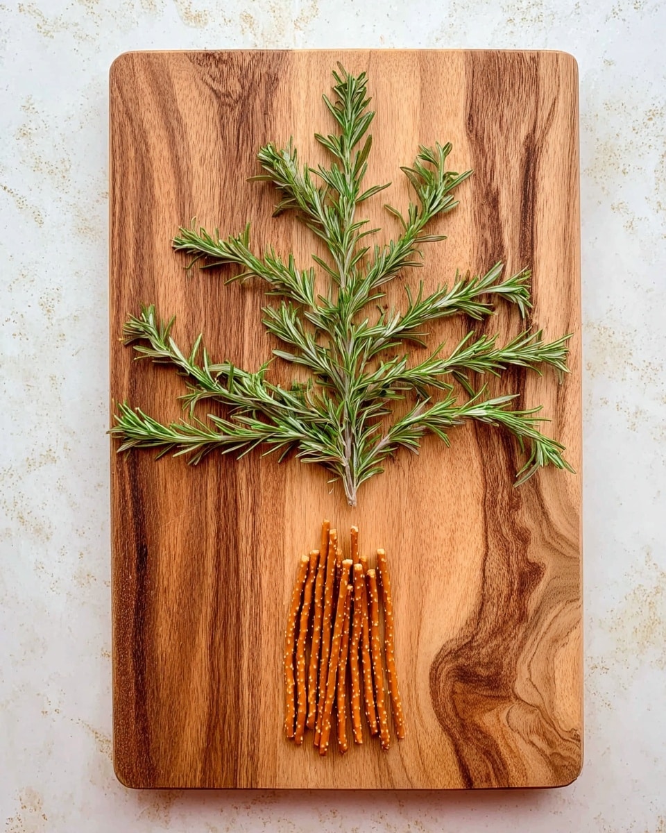 The image shows a wooden cutting board placed on a white marbled surface, with sprigs of fresh green rosemary arranged to look like a small tree shape in the center. At the base of the rosemary tree, there is a small group of thin, brown pretzel sticks standing upright, resembling a tree trunk. The wooden cutting board has a natural wood grain texture and frames the rosemary and pretzels neatly. photo taken with an iphone --ar 4:5 --v 7