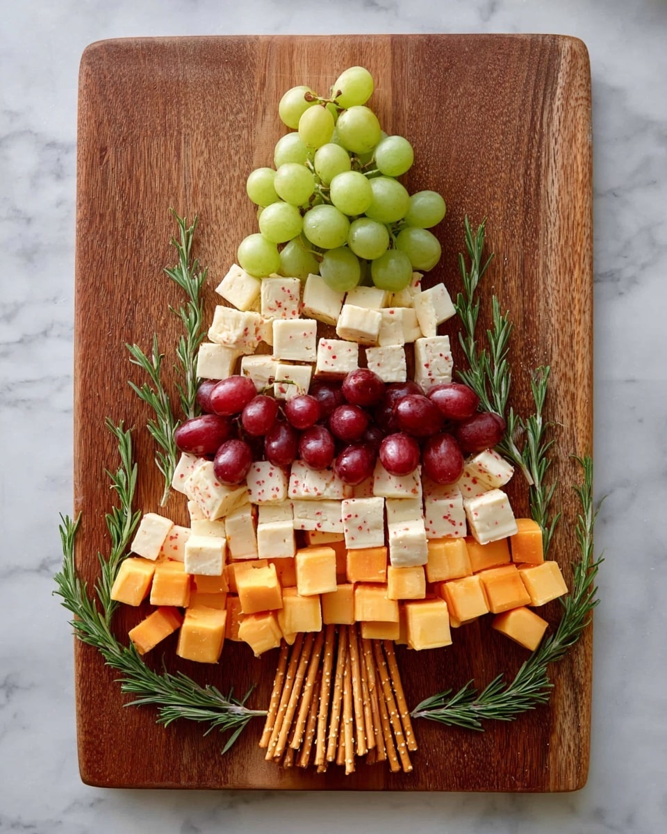 A wooden board shows a small tree made of food. The tree has five layers: the top is fresh green grapes, below that are small cubes of white cheese with red specks, the middle layer is red grapes, under that are orange and white cheese cubes, and the bottom is made of pretzel sticks standing up like a tree trunk. Green rosemary sprigs are placed around the tree to look like branches. The board is on a white marbled surface. photo taken with an iphone --ar 4:5 --v 7