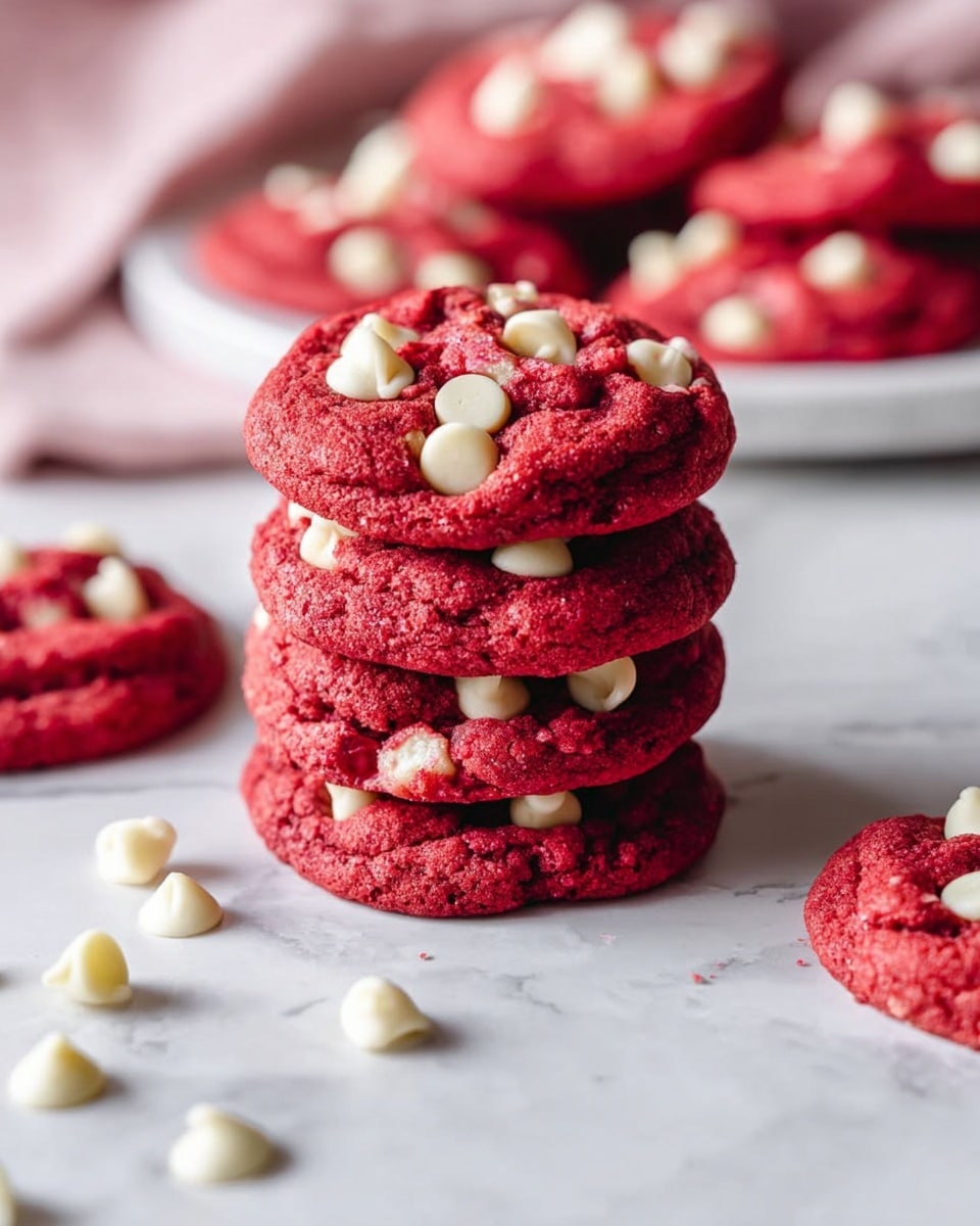 The image shows several round red cookies with white chocolate chips on top, scattered on a white marbled surface. Some cookies are stacked, while others lie flat, revealing a soft, slightly cracked texture on their tops. A white plate with a scalloped edge holds more cookies, partially visible in the top left corner, resting on a folded red cloth with white stitching. White chocolate chips are also spread around the cookies on the surface, adding to the scene’s casual, inviting look. photo taken with an iphone --ar 4:5 --v 7
