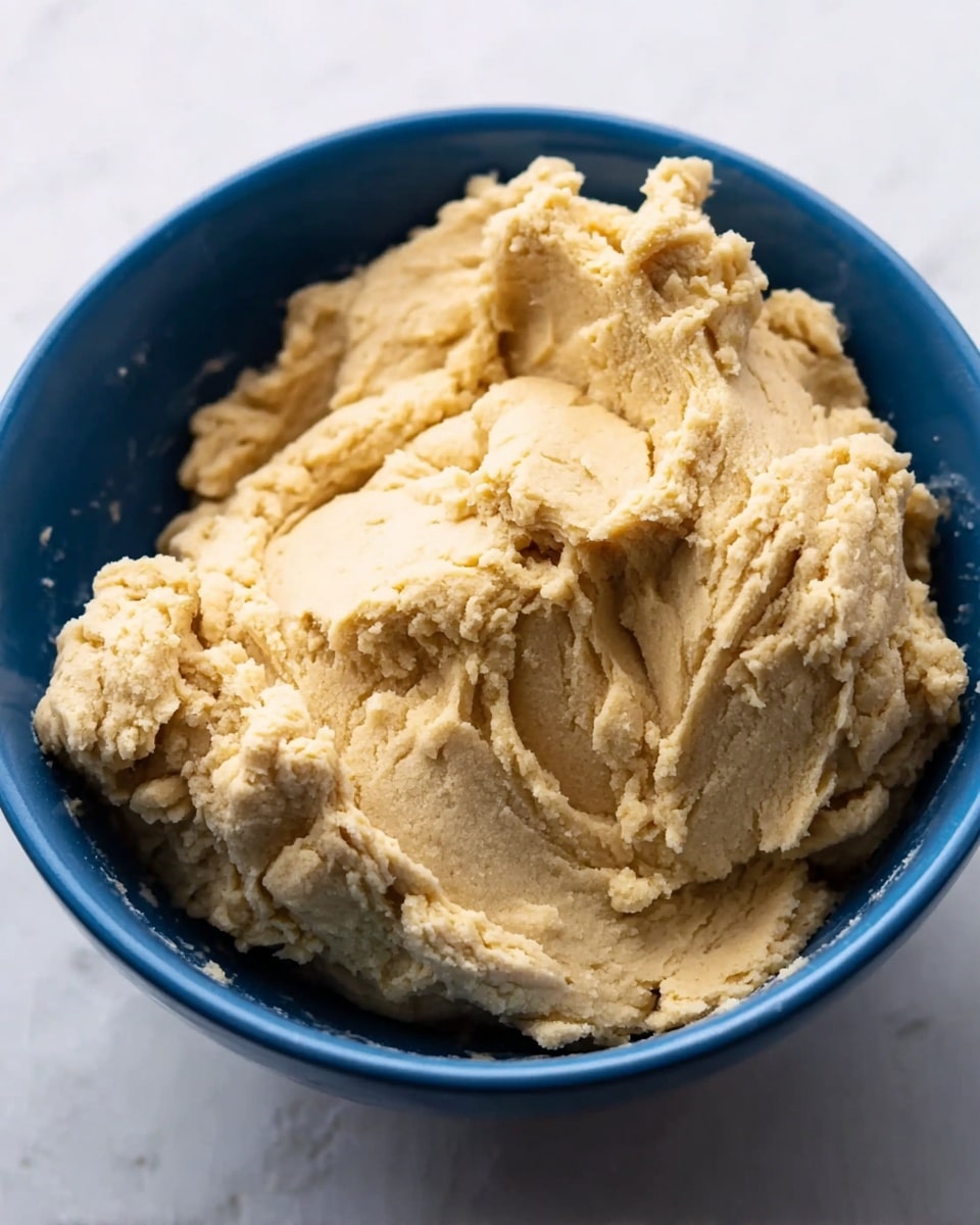 A close-up view of a blue bowl filled with thick, beige dough that has a rough, chunky texture with visible folds and creases. The dough is piled high, filling the bowl to the top and showing some uneven, soft ridges. The bowl is sitting on a surface with a white marbled texture, giving a clean and simple background. Photo taken with an iphone --ar 4:5 --v 7