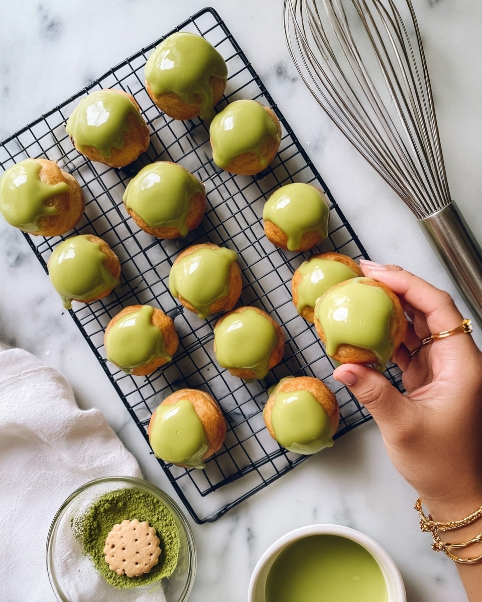 Small round cream puffs are placed on a black cooling rack over a white marbled surface, each topped with a smooth, glossy green glaze that covers the tops fully with some drips down the sides, showing the light golden brown color of the pastry underneath. Nearby is a small white bowl filled with the same green glaze with a beige textured biscuit or cookie partially dipped inside, and a tiny glass bowl with green powder. A woman's hand with a gold bracelet is holding one cream puff on the right side, and next to it is a metal whisk over a white cloth. The image looks natural and bright, showing the textures and shine clearly, photo taken with an iphone --ar 4:5 --v 7