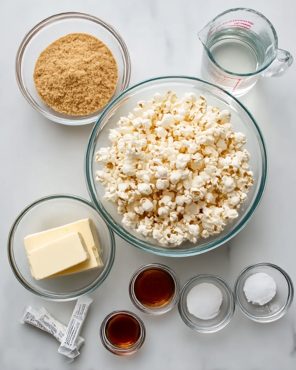The image shows six clear glass bowls placed on a white marbled surface. The largest bowl in the center contains a large amount of white popcorn with some light brown spots. To the left of it, a medium-sized bowl holds a pile of light brown sugar with a powdery texture. On the left side near the bottom, there are two sticks of white butter with printed paper wrappers. Towards the back right, a clear glass measuring cup filled with a clear liquid is placed. In front of the measuring cup, three small glass bowls each contain different ingredients: white salt, dark brown vanilla extract, and white baking soda. photo taken with an iphone --ar 4:5 --v 7