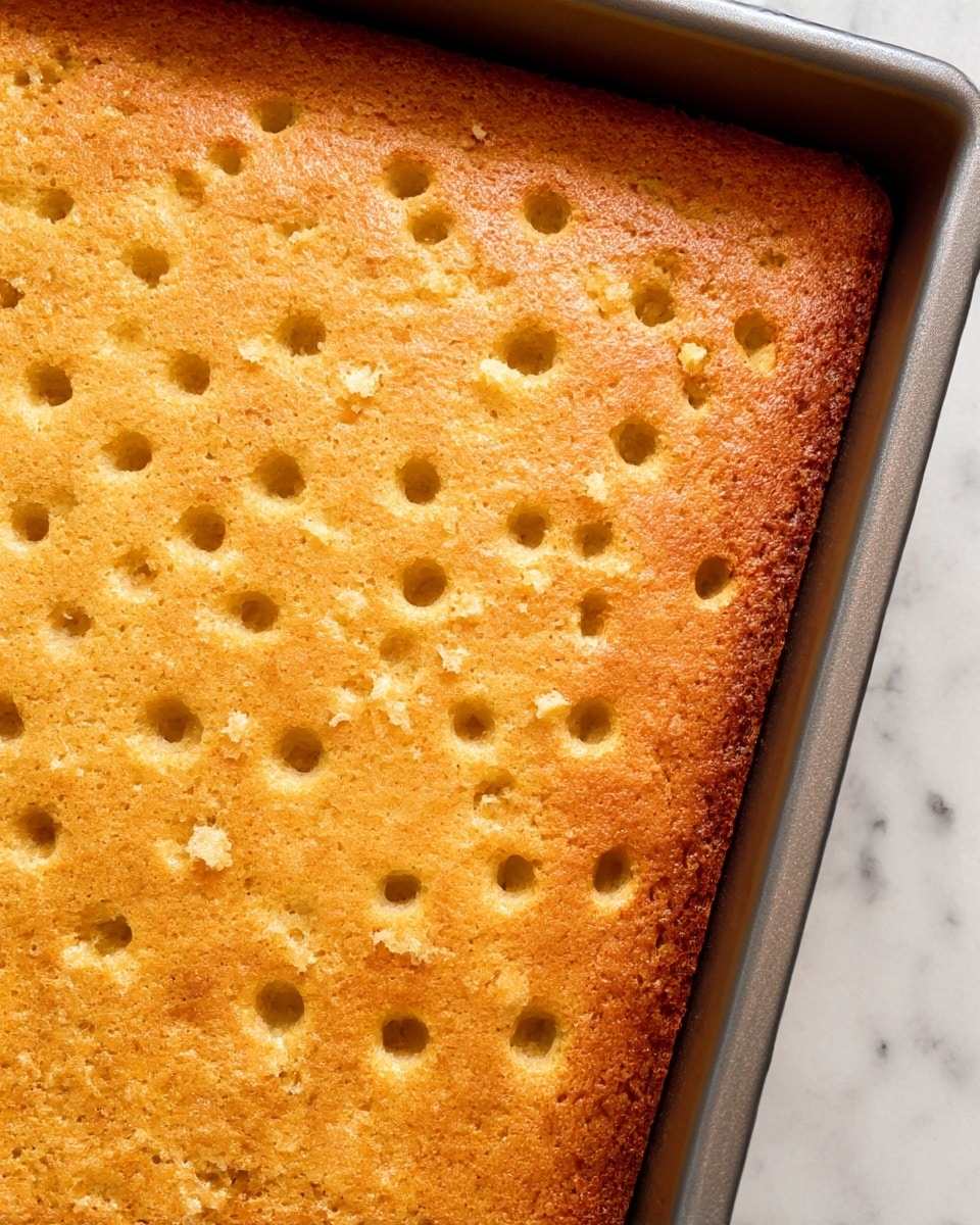 A close-up top view of a single-layer golden brown cake in a rectangular gray baking pan, with an even texture and multiple small, round holes poked throughout the surface, revealing slight crumbs scattered lightly over the top. The cake edges are slightly darker with a crisp look, and the surface has a soft, moist appearance. The baking pan rests on a white marbled texture. photo taken with an iphone --ar 4:5 --v 7