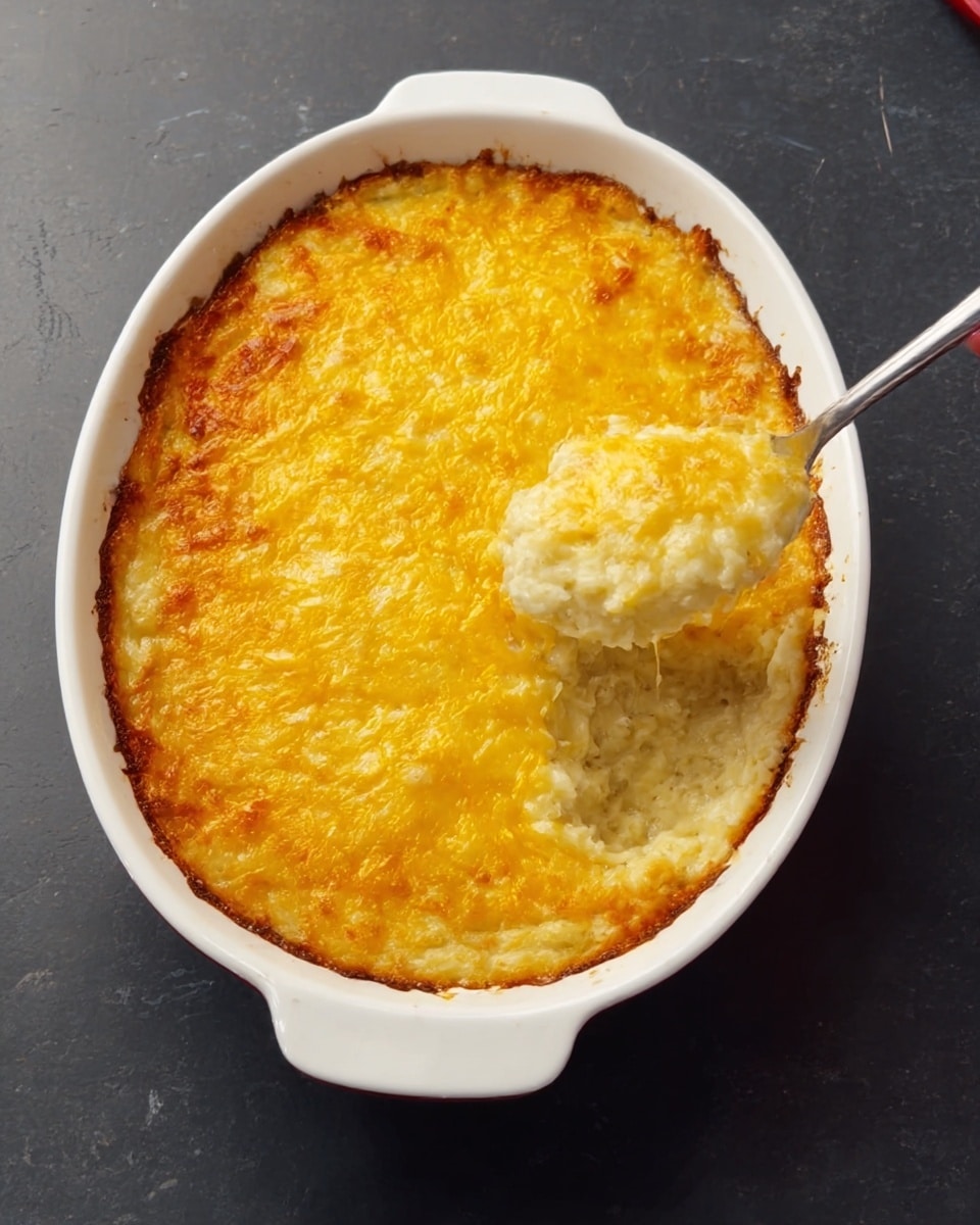 A white oval baking dish filled with a two-layer casserole. The top layer is a golden-yellow melted cheese with a slightly crispy texture around the edges. Underneath, the second layer appears creamy and soft, with light beige tones, likely a mix of cooked ingredients. A woman's hand holds a spoon, scooping out a portion from the top right corner, revealing the smooth inside. The dish is placed on a dark surface. photo taken with an iphone --ar 4:5 --v 7