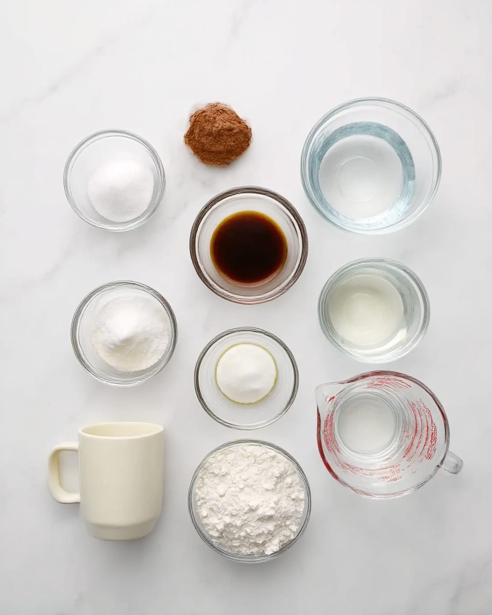 The image shows a white marbled surface with nine glass bowls and a white mug arranged neatly. The white mug is empty and positioned at the bottom left. Starting from the top left, there is a small glass bowl with white sugar, next to it a bowl with brown cocoa powder, followed by a bowl with dark brown liquid vanilla extract. Below the cocoa powder bowl is a bowl with white baking soda, and next to it a bowl with clear water. At the far right is a measuring cup with clear water. At the bottom center, there is a bowl with white sugar, and next to it a bowl with white flour. A bowl with clear egg white is between the white sugar and baking soda bowls. All containers are evenly spaced on the white marbled surface. photo taken with an iphone --ar 4:5 --v 7