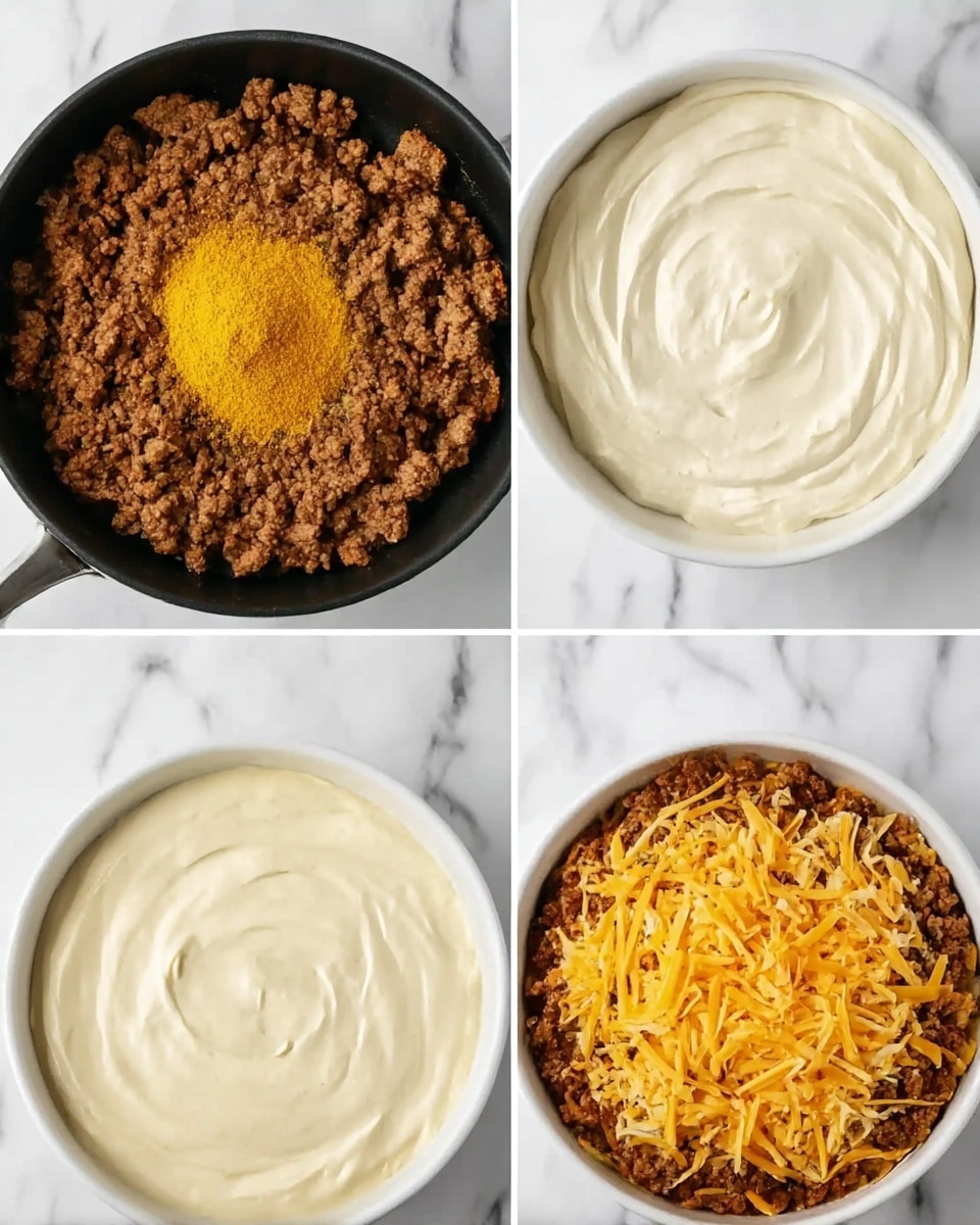 The image shows a four-step cooking process in a grid of four close-up photos. The first photo is a black pan filled with cooked ground meat topped with a bright yellow spice powder in the center. The second photo is a white bowl with a smooth layer of off-white cream or sauce spread evenly on top. The third photo shows the same white bowl with a second layer of the same light creamy mixture evenly spread, covering the first layer completely. The fourth photo shows the white bowl now filled with a thick layer of cooked ground meat topped with a generous sprinkling of shredded light orange and yellow cheese. The background surface is a white marble texture. photo taken with an iphone --ar 4:5 --v 7
