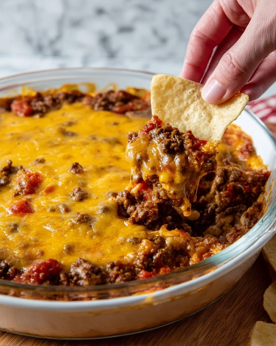 A close-up of a white bowl filled with a layered dip showing two main layers: at the bottom, a mix of cooked ground meat with brown and reddish bits of tomatoes and sauce, topped by a thick layer of melted yellow cheese with a smooth, slightly shiny texture. A woman's hand holds a chip dipped into the cheesy meat mixture, showing the layers clearly on the chip with the melted cheese clinging to the dark brown meat. The bowl sits on a wooden surface in front of a white marbled texture. photo taken with an iphone --ar 4:5 --v 7