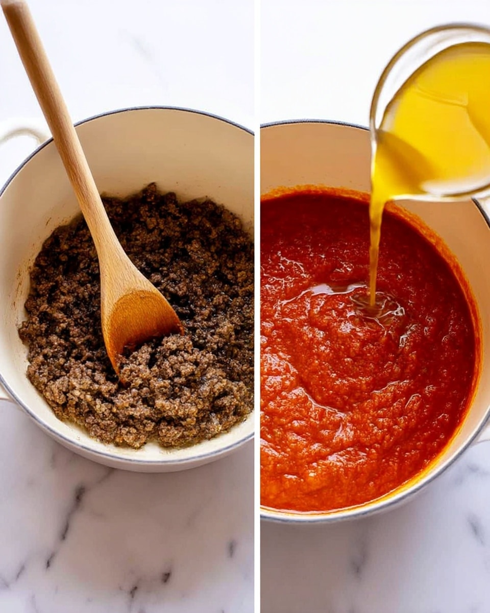 The image shows two parts of cooking in a white pot on a white marbled surface. On the left side, the pot contains cooked, dark brown ground meat with a wooden spoon resting inside. On the right side, thick red tomato paste forms the main layer at the bottom of the same white pot, with golden-yellow liquid being poured on top, mixing with the tomato paste as the wooden spoon is placed in the pot. Photo taken with an iphone --ar 4:5 --v 7