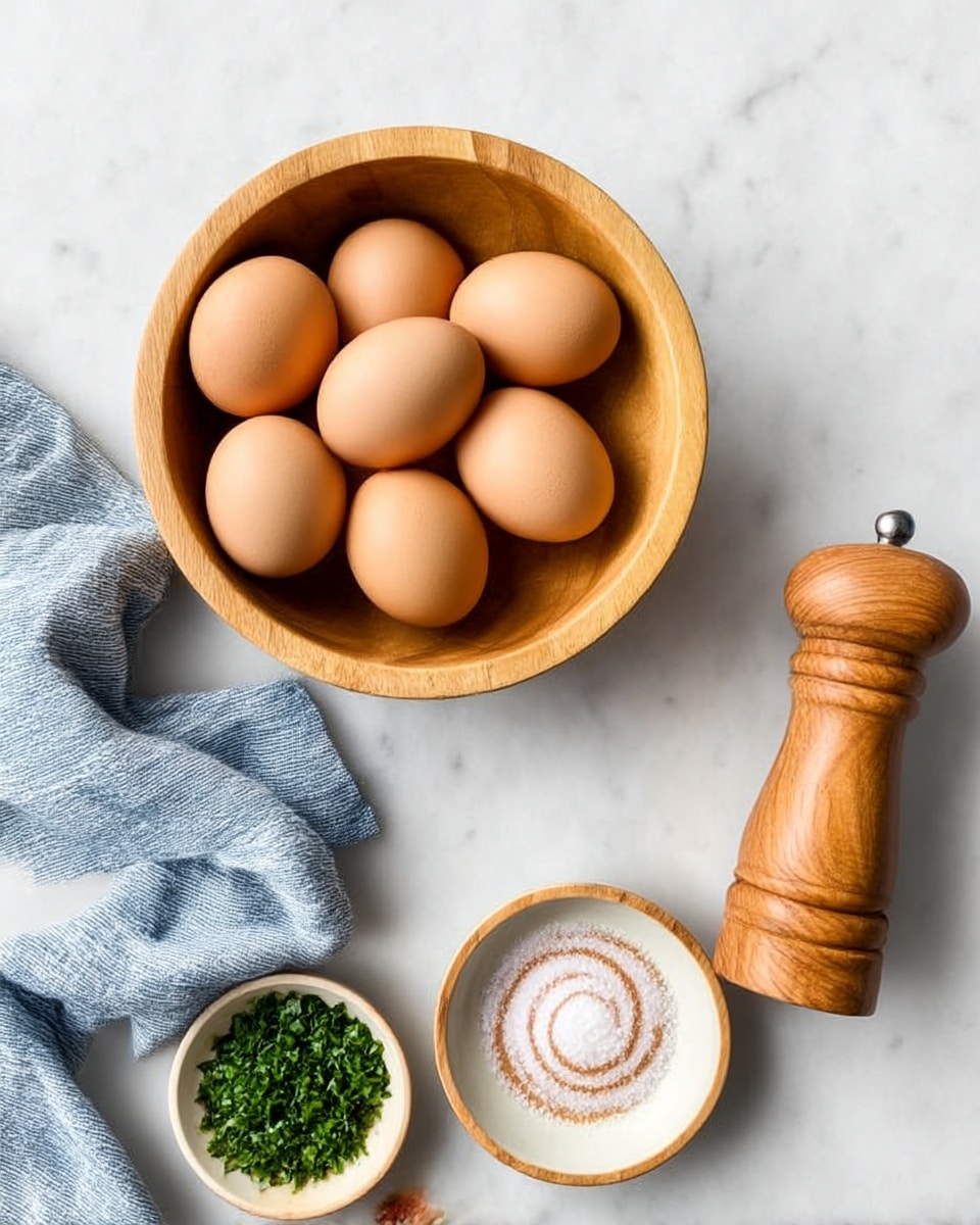 A wooden bowl filled with seven brown eggs sits on a white marbled surface next to a white bowl with chopped green herbs on top. In front of these bowls, there is a small wooden dish holding a swirl of salt, and to the right, there is a wooden pepper grinder. A blue and white striped cloth is placed loosely beside the wooden bowl. The scene has a clean and simple look, with natural wood and soft colors. Photo taken with an iphone --ar 4:5 --v 7