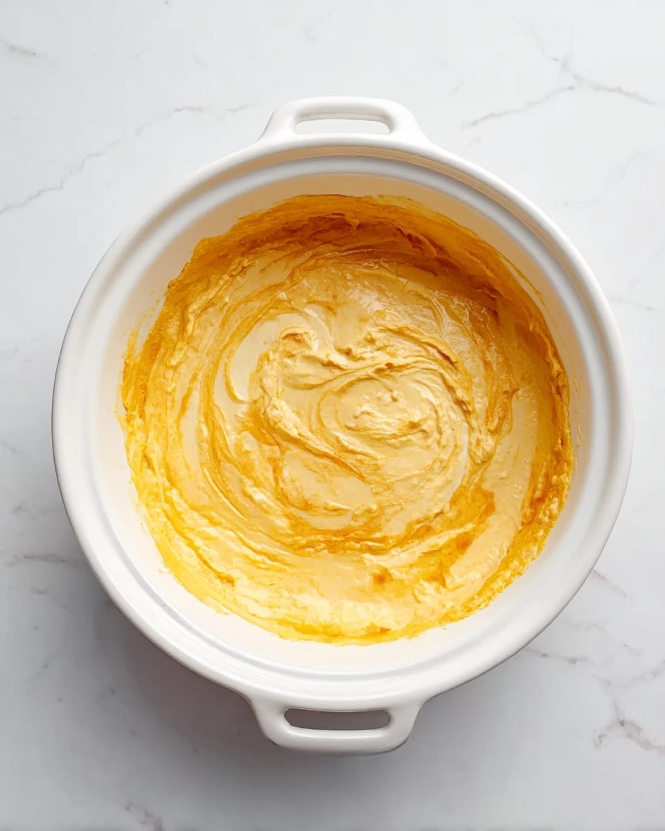 A white round casserole dish filled with a smooth, creamy yellow and light orange dip, swirled gently in the center to create a marbled effect. The dip has a shiny texture with soft peaks and a slightly browned edge around the inside of the dish. The casserole dish has small handles on each side and sits on a white marbled surface that adds a clean and bright background to the image. photo taken with an iphone --ar 4:5 --v 7