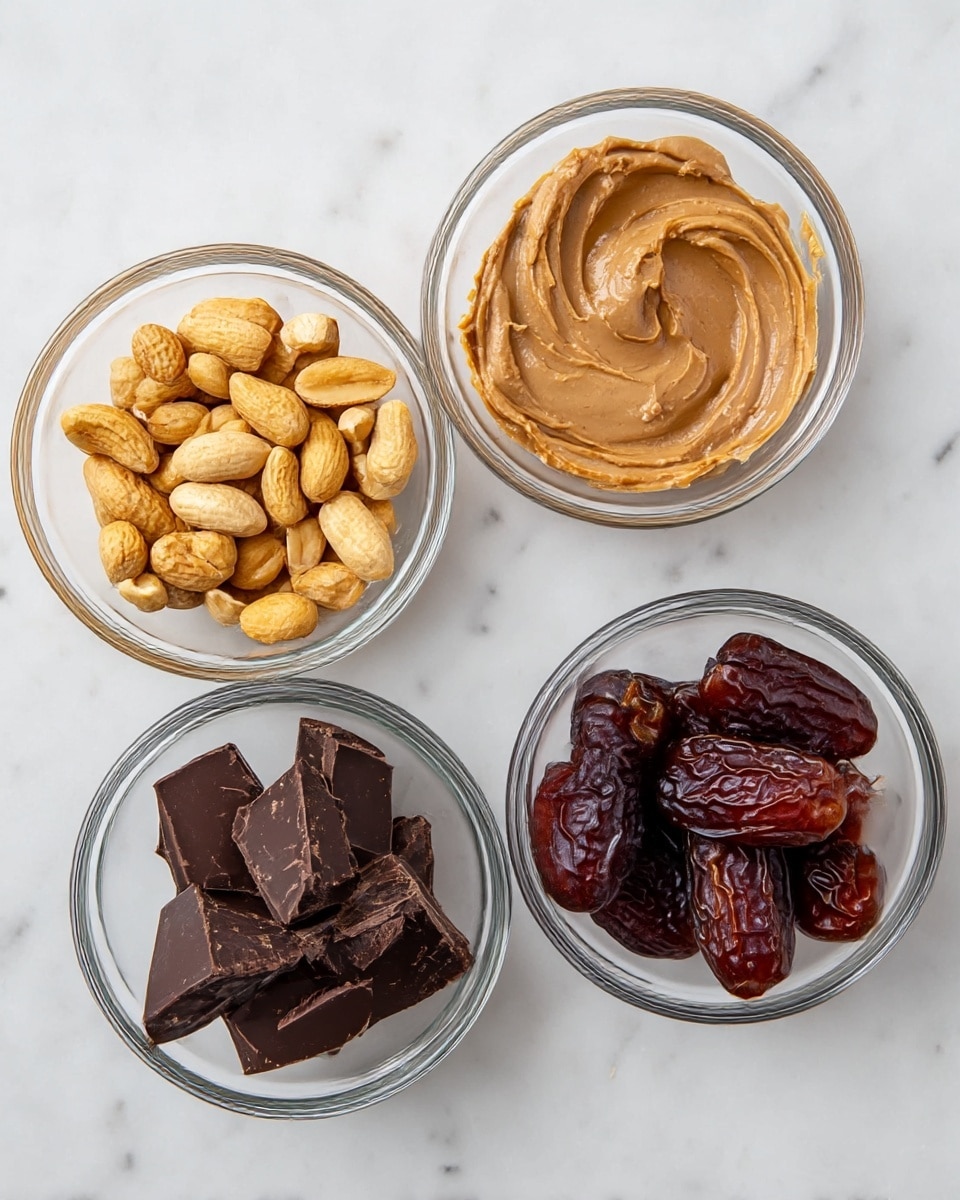 Four clear glass bowls are placed on a white marbled surface, each containing a different ingredient arranged neatly. The top left bowl holds golden roasted peanuts with a smooth yet slightly rough texture. To its right, the second bowl contains smooth, creamy light brown peanut butter with soft swirls on the surface. Below the peanuts, the third bowl is filled with chunks of dark brown chocolate with sharp edges and a glossy finish. The last bowl on the bottom right is filled with whole, dark reddish-brown dates, slightly wrinkled with a shiny surface. photo taken with an iphone --ar 4:5 --v 7