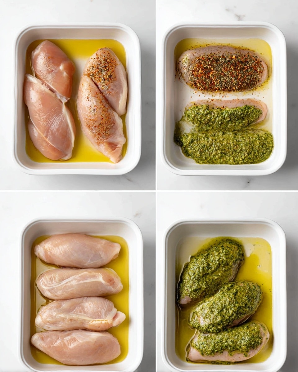 A white rectangular dish contains four raw chicken pieces placed side by side on a thin layer of yellow oil. The next image shows the same chicken with a layer of red and black spices sprinkled over the pieces. In the third image, a thick layer of green pesto sauce is dolloped unevenly on top, covering most of the chicken. The last image shows the chicken fully coated in a smooth, shiny green pesto layer, with some of the yellow oil still visible around and on the chicken, all sitting in the white rectangular dish on a white marbled surface. Photo taken with an iphone --ar 4:5 --v 7
