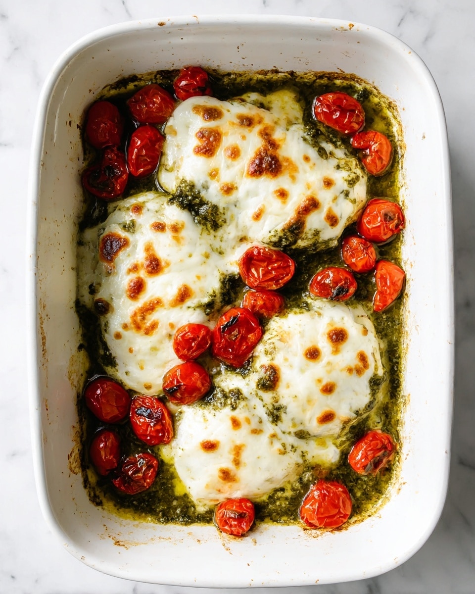 In the white baking dish, there are four pieces of food covered with a layer of melted white cheese that has browned spots on top. Underneath, a green sauce with a thick texture is spread on the food pieces and the dish. Around the edges and between the pieces, there are small red roasted cherry tomatoes with slightly charred skins. The dish rests on a white marbled surface. photo taken with an iphone --ar 4:5 --v 7