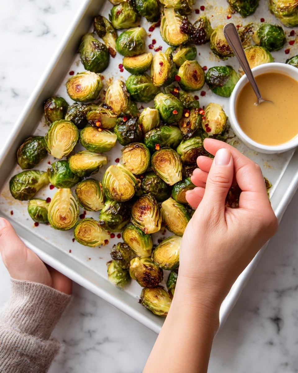 The image shows a white baking tray filled with roasted Brussels sprouts that are golden brown and slightly charred. The Brussels sprouts are cut in halves and scattered unevenly across the tray, with the green outer leaves some parts crisp and darkened, while the inner parts stay light green and yellowish. Small bits of red chili flakes are sprinkled over the Brussels sprouts, adding a pop of red color. To the right side of the tray, there is a small white bowl with a light brown sauce and a spoon resting in it. The background is a white marbled surface, and part of a woman's hand holding the tray can be seen on the left edge. Photo taken with an iphone --ar 4:5 --v 7