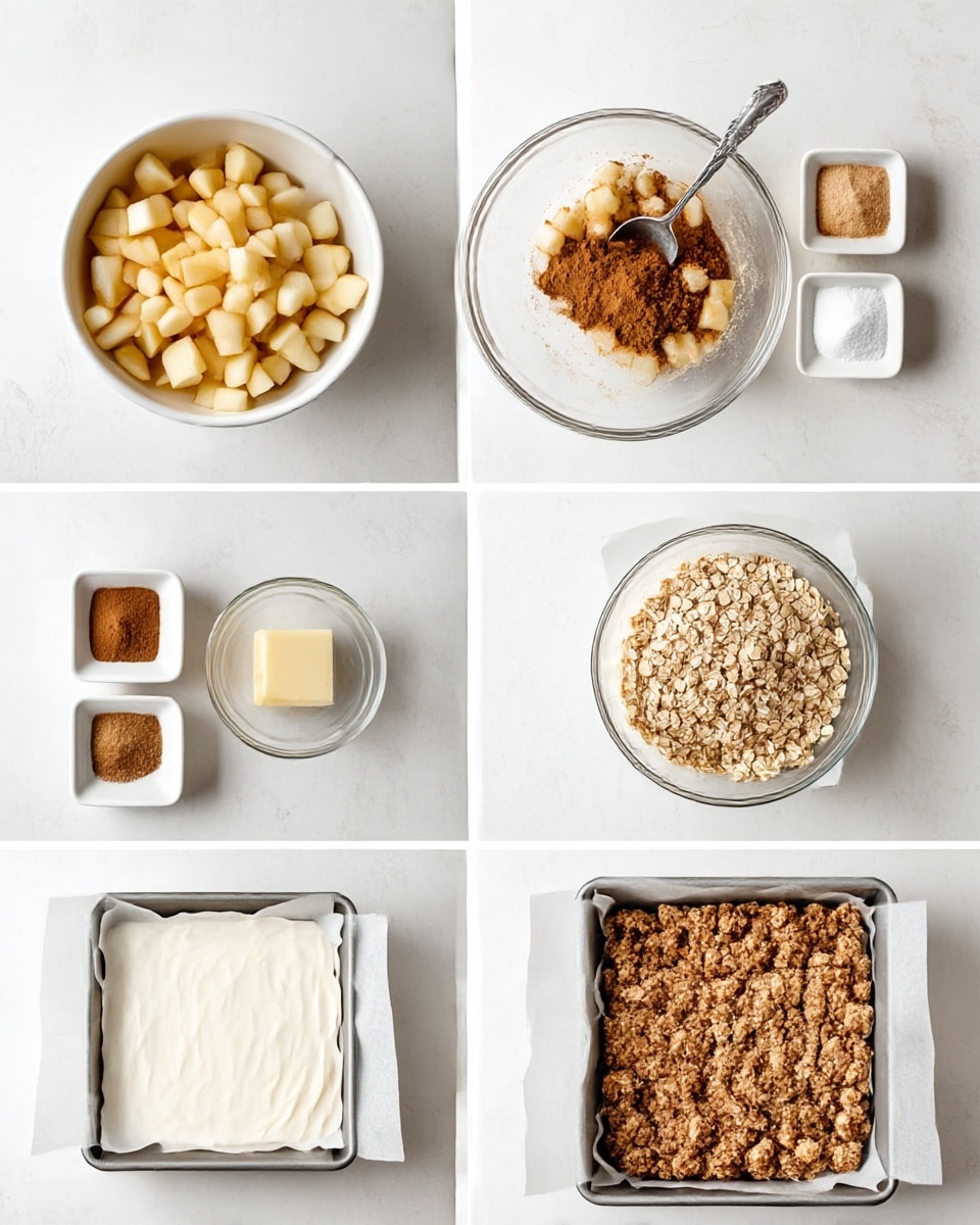 The image shows six steps for making a dessert arranged in a grid. In the first step, there is one white bowl filled with chopped light yellow apples and three small white dishes with white sugar and brown spices on a white marbled background. The second step shows the same white bowl with chopped apples now mixed with a brown spice, and a metal spoon is inside the bowl. The third step depicts a clear glass bowl with layers of light brown sugar, rolled oats, a light yellow chunk of butter, white flour, and brown spices placed neatly side by side. In the fourth step, the ingredients in the glass bowl are mixed together into a crumbly, light to medium brown mixture. The fifth step shows a square metal baking pan lined with white parchment paper, with a smooth, white cream layer spread evenly inside and the bowl of spiced apples placed next to the pan. The final step displays the same baking pan now topped with a crumbly oat mixture spread evenly above the white cream layer, ready for baking, all set on a white marbled surface. Photo taken with an iphone --ar 4:5 --v 7