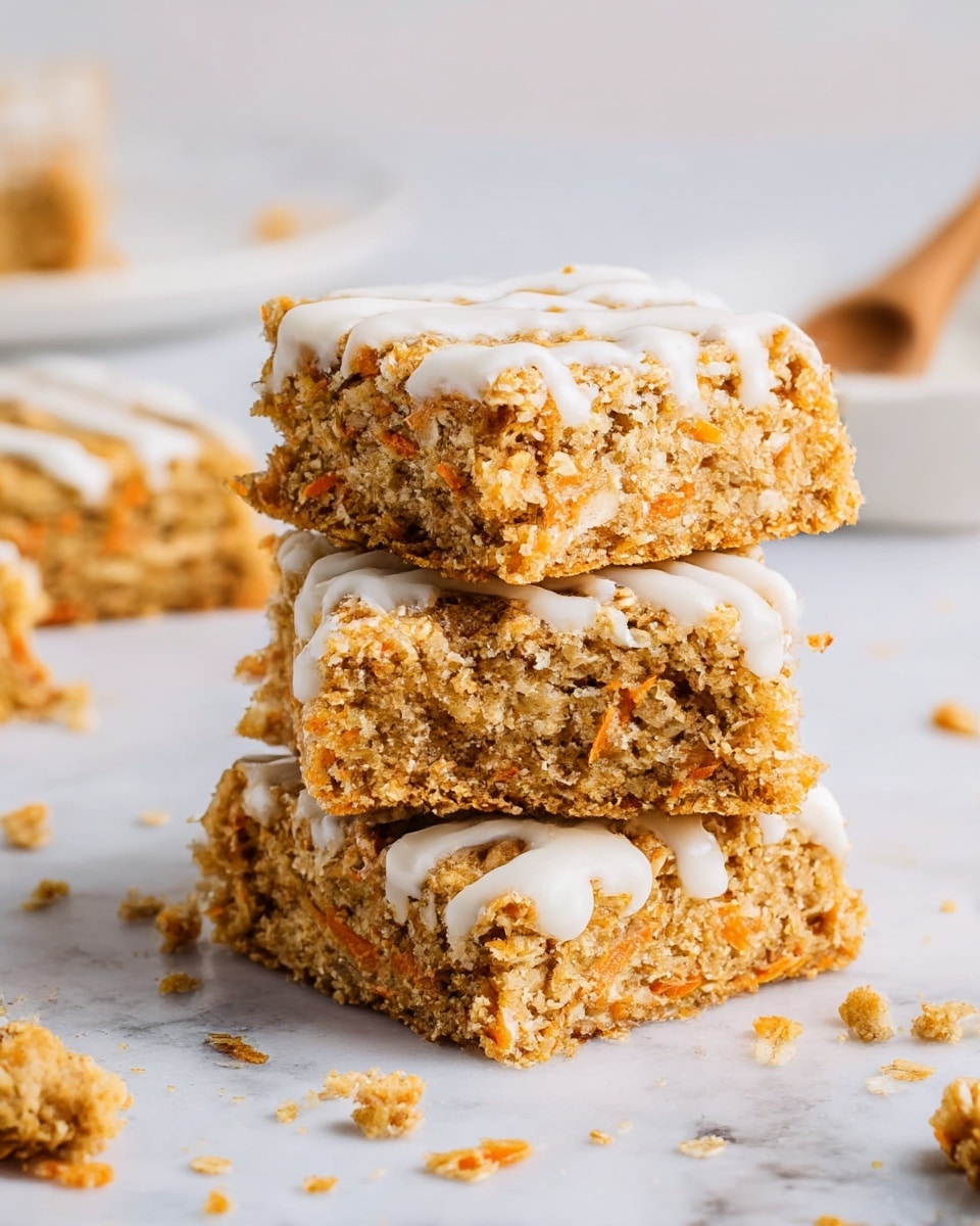 A stack of three square oat bars is shown on a white marbled surface, each bar featuring a dense, crumbly texture with visible orange bits throughout, likely carrot pieces. The top of each bar has thin, irregular white icing drizzled over it, adding a contrast of smoothness to the rough oat base. Crumbs and small pieces are scattered around the stack, hinting at a soft but firm bite. In the background, there is a blurred white plate with a wooden spoon, enhancing the cozy, homemade feel of the scene. Photo taken with an iphone --ar 4:5 --v 7