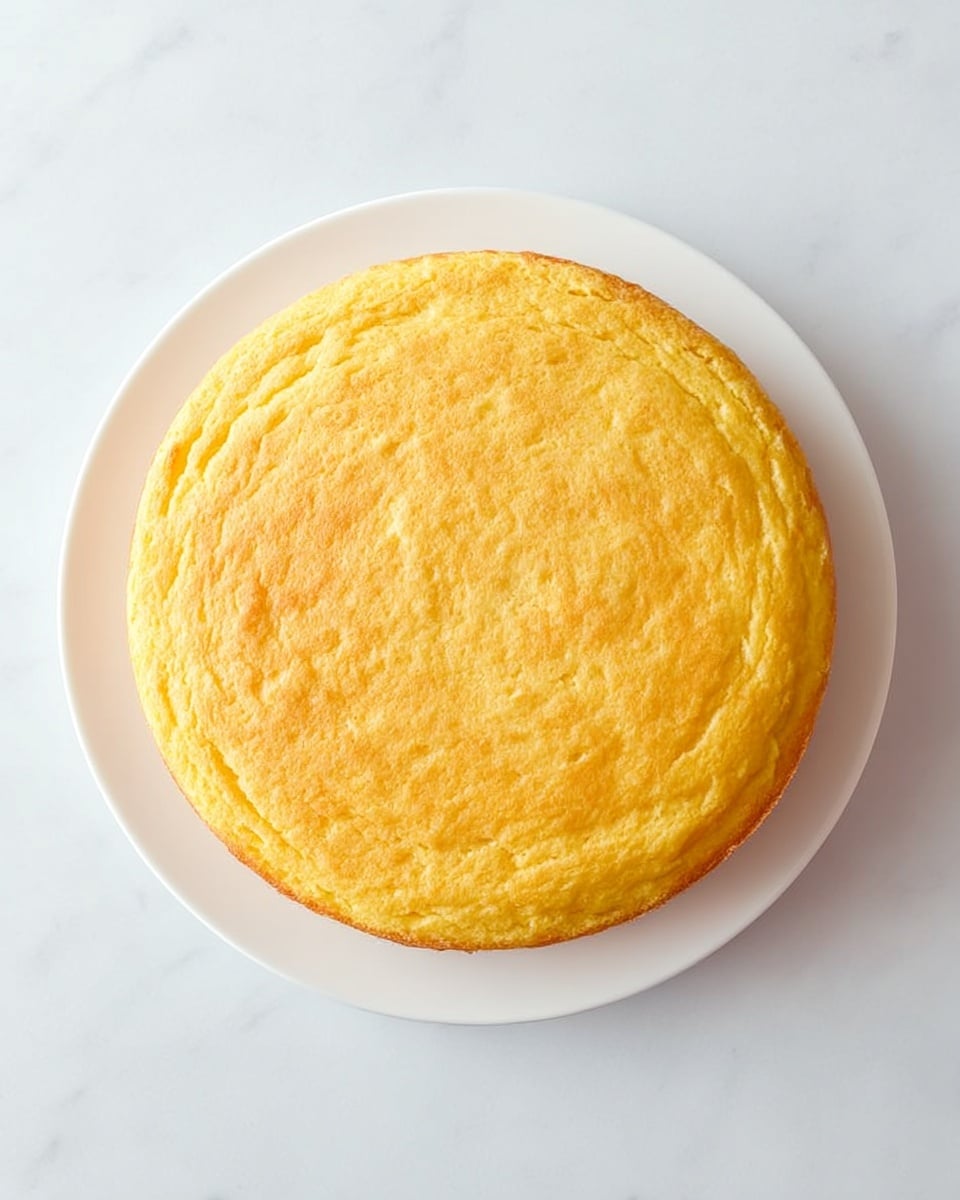 A single round cake layer with a golden yellow color and a slightly rough texture rests on a white plate, showing some uneven browning on the edges. The cake surface is smooth but has small irregular lumps and a matte finish. It is centered on a white marbled surface, with no visible decoration or frosting. photo taken with an iphone --ar 4:5 --v 7