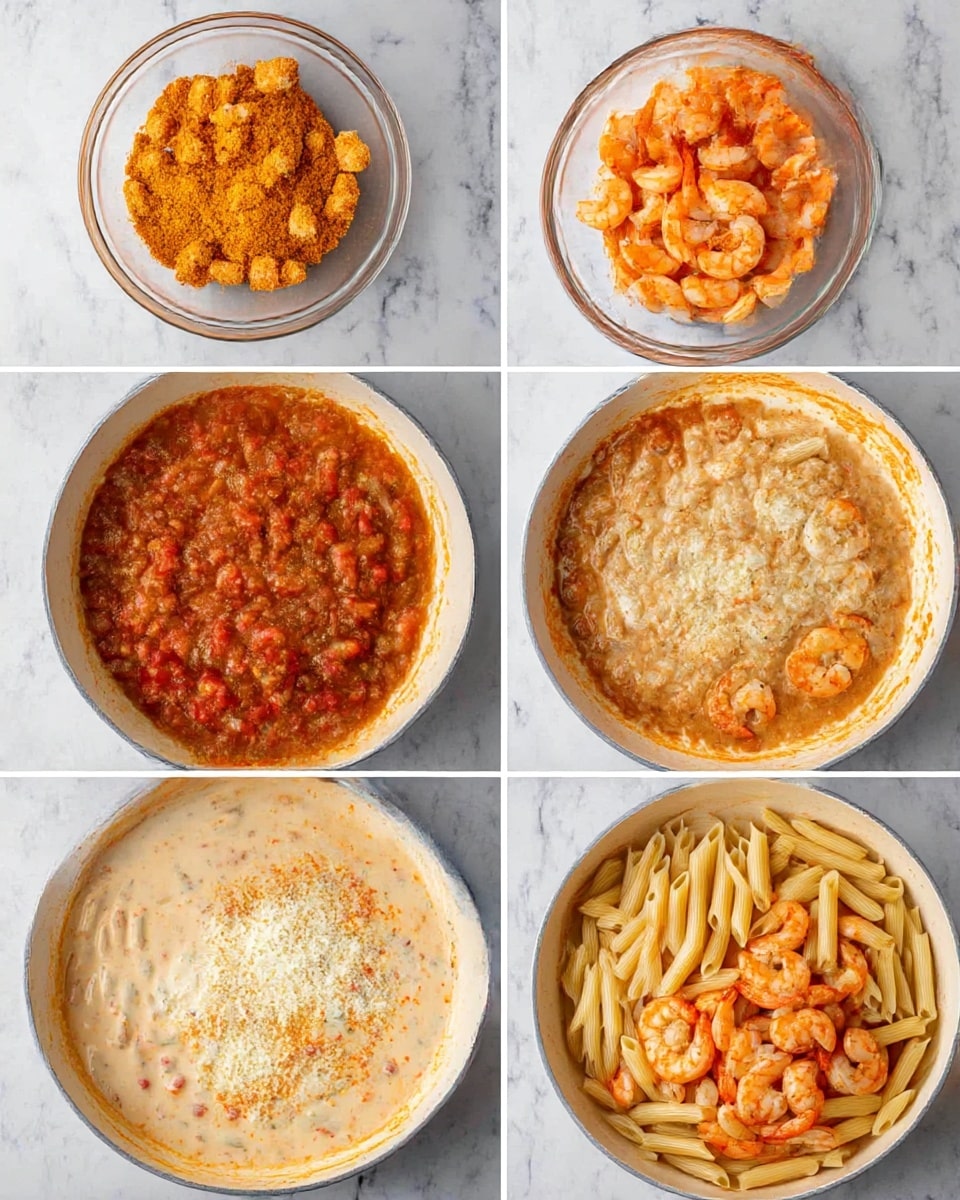 The image shows six steps of cooking shrimp pasta in a white pan on a white marbled surface. The first layer is raw shrimp coated with orange spices in a clear glass bowl. The second layer shows the shrimp cooked, turning bright orange and spread evenly in the white pan. The third layer is a thick, chunky sauce of small diced red tomatoes and orange liquid covering the pan's base. The fourth shows the sauce partly covered with creamy white liquid, grated white cheese, and orange spices. The fifth layer mixes to a creamy, light orange sauce with small bits of ingredients floating evenly. The sixth layer adds cooked white penne pasta and bright orange shrimp piled on one side, contrasting with the creamy sauce. Photo taken with an iphone --ar 4:5 --v 7